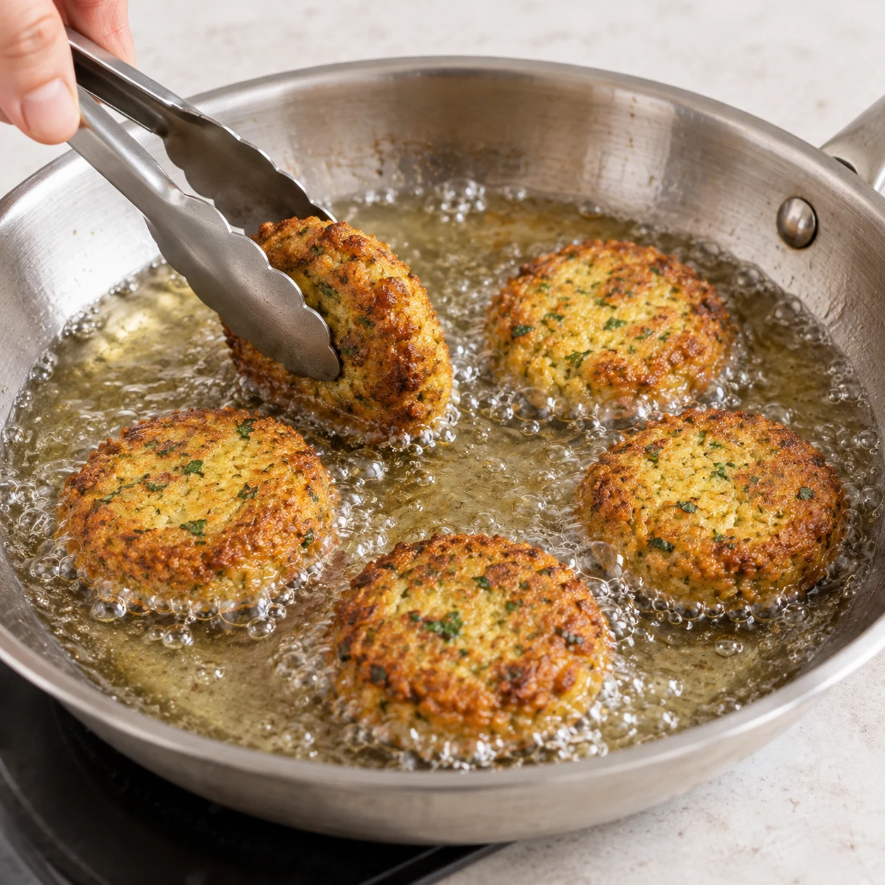 Petits palets de falafel dans un fond d’huile qui bouillonne dans une poêle, phase de friture, sans sauce.