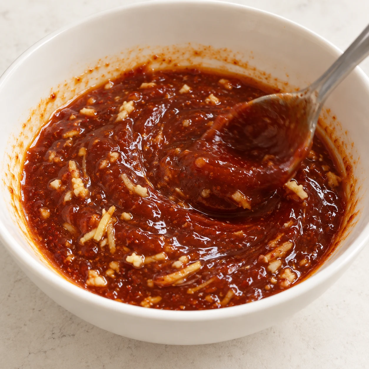 Bol blanc avec une sauce rouge brique brillante au concentré de tomates, mélangée à la cuillère, ail et gingembre râpés visibles.