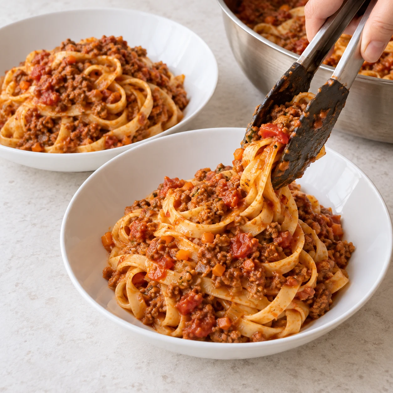 Une portion généreuse tagliatelles bolognaise végétale servie dans assiette blanche.