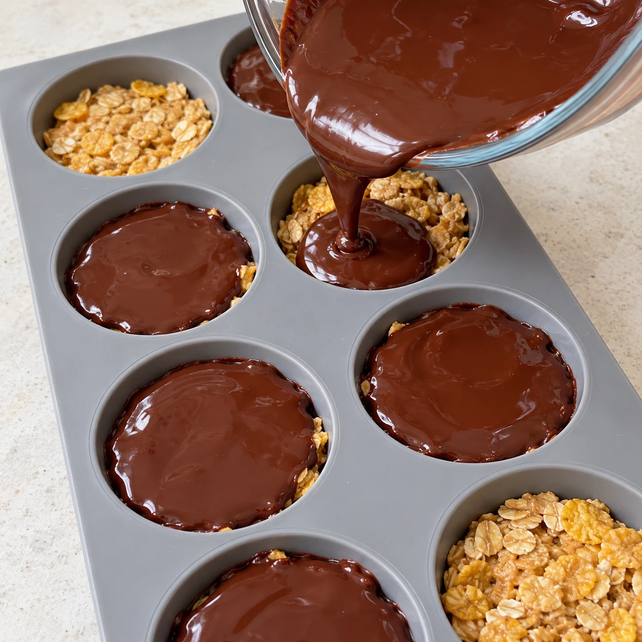 Bol de chocolat et cacahuète coulant sur une base de céréales tassée dans le moule silicone. La céréale croustillante est du corn flakes en fragments dorés et plats, jamais des grains de riz soufflé.