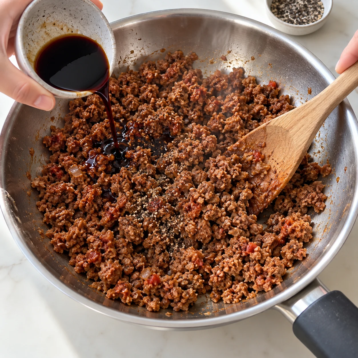 Ajoutez la cuillère à soupe de sauce soja et le poivre au haché, mélangez puis réservez hors de la poêle.