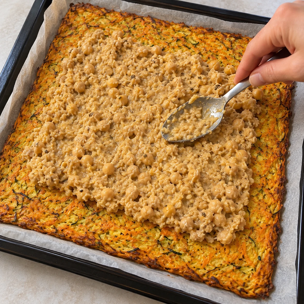 Une seule photographie carrée du geste « Étaler la garniture »: Lorsque la galette peut être manipulée sans se casser, étale la garniture dessus en laissant les bords libres. État obtenu: La garniture forme une couche régulière, éloignée du bord de fermeture.. Uniquement les ingrédients autorisés à cette étape; pas de visage, de texte ou d’ingrédient animal.