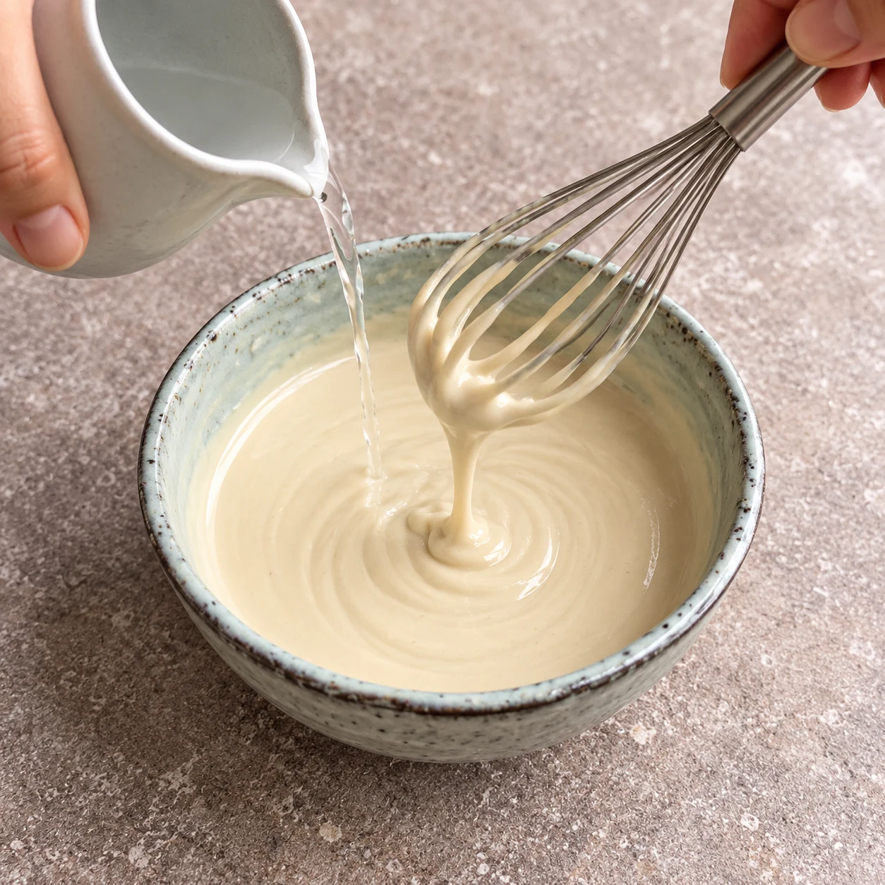 Fouet dans sauce tahini beige lisse et fluide, uniquement le bol.