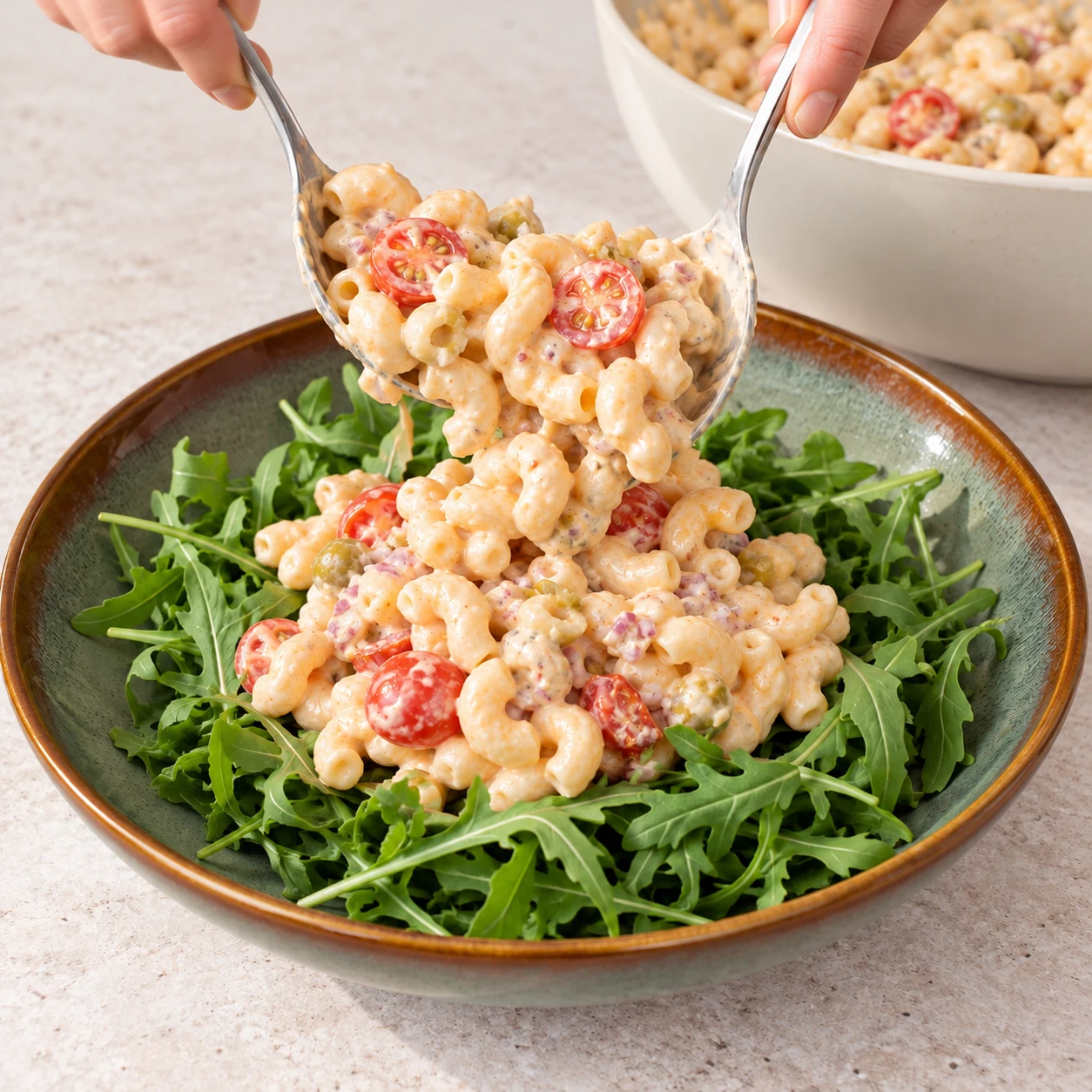 Mains anonymes déposant la salade de pâtes crémeuse sur un lit de roquette dans une assiette.