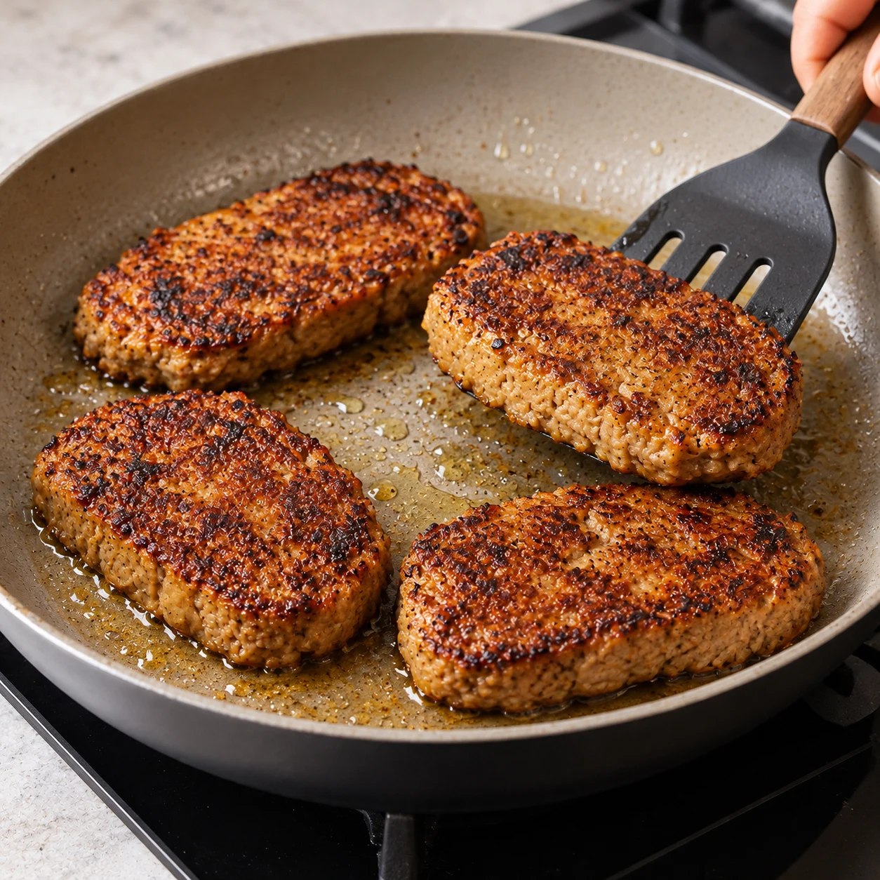 Steaks végétaux brunis dans une poêle légèrement huilée ; texture de protéines végétales, aucun poulet.