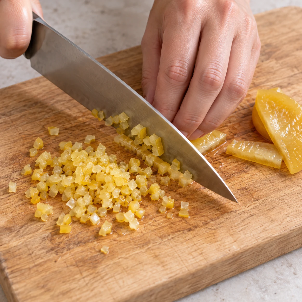 Hacher le citron confit. Les morceaux d’écorce sont très petits.. Reproduire une seule action, ingrédients exacts et phase exacte. Adapter les crevettes visibles en pois chiches cuits entiers uniquement après son ajout. Aucun ingrédient futur.