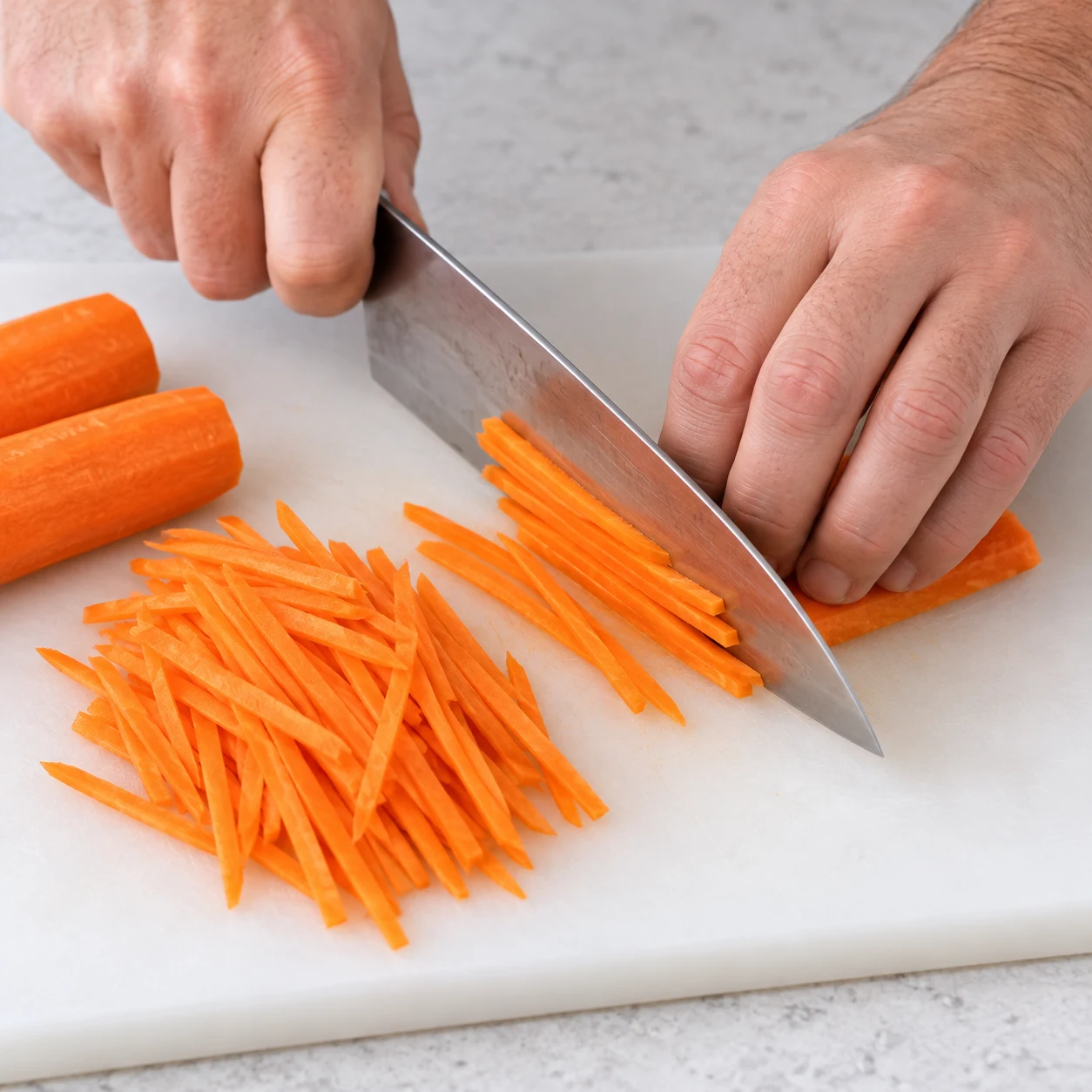 Tailler les carottes : Les bâtonnets sont fins et de taille régulière.