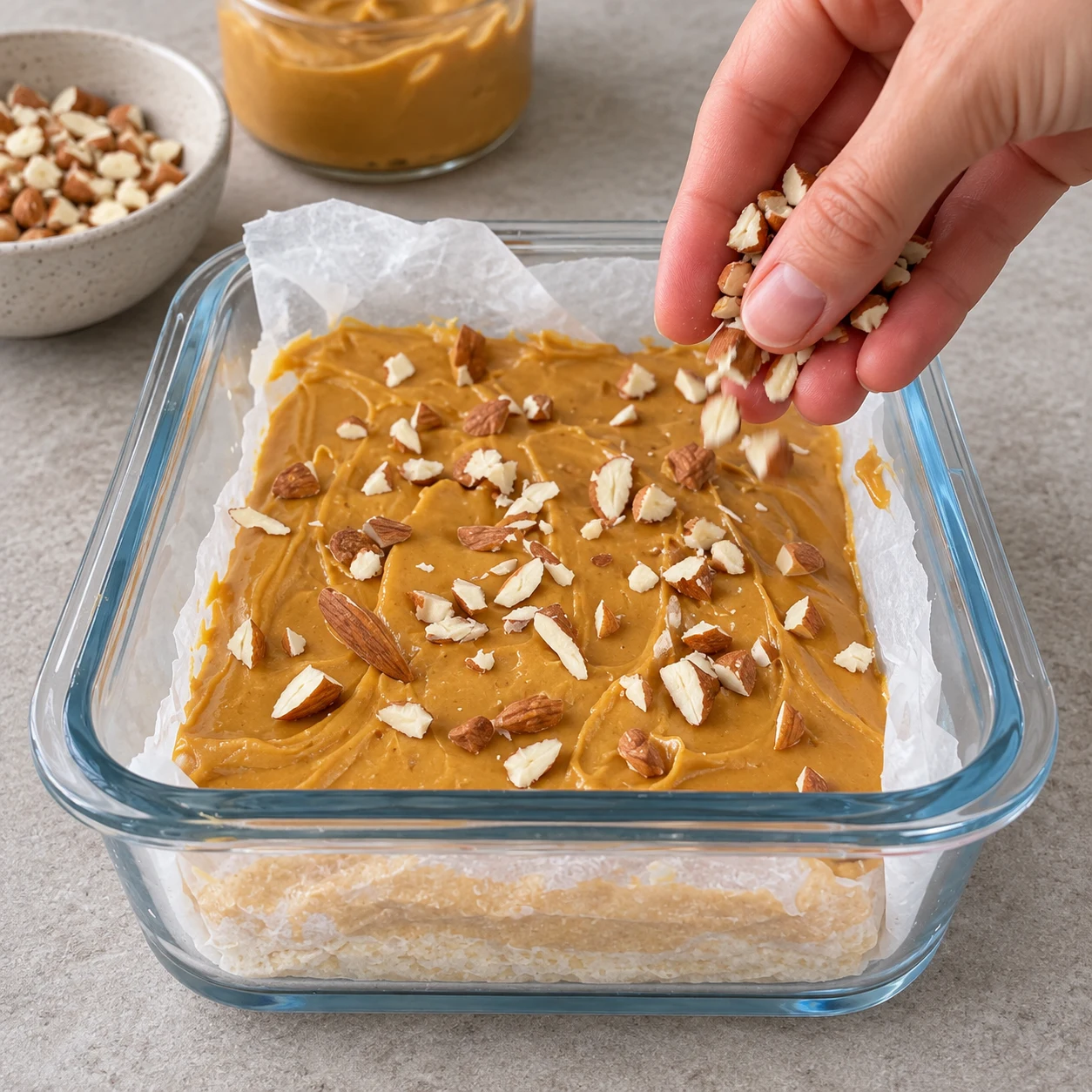 Une main anonyme parsème des amandes concassées avec peau sur le cœur doré.