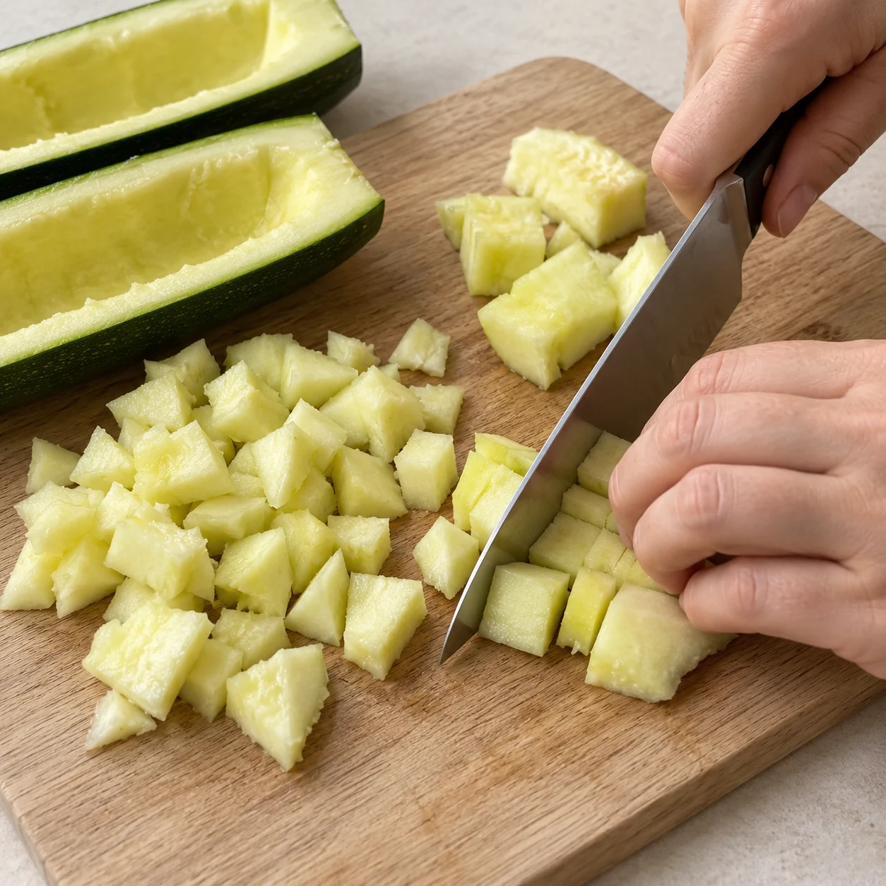 Découpe sûre de la chair de courgette sur une planche.