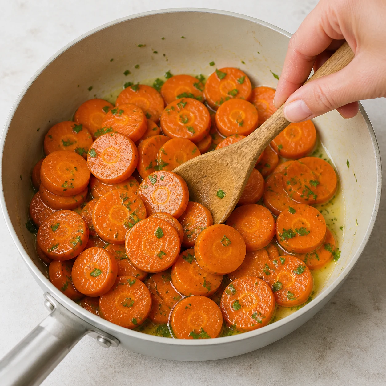 Carottes Vichy brillantes et intactes, persil finement haché et margarine végétale fondue qui les enrobe dans une casserole claire.