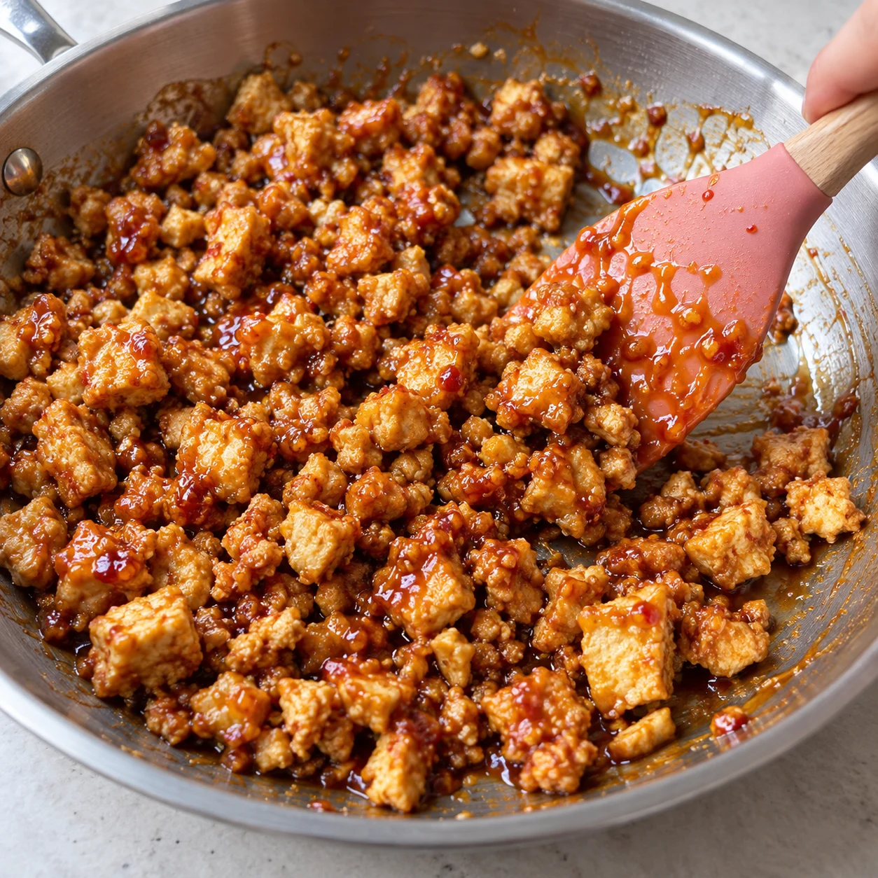 Spatule enrobant le tofu doré de sauce dans la poêle.