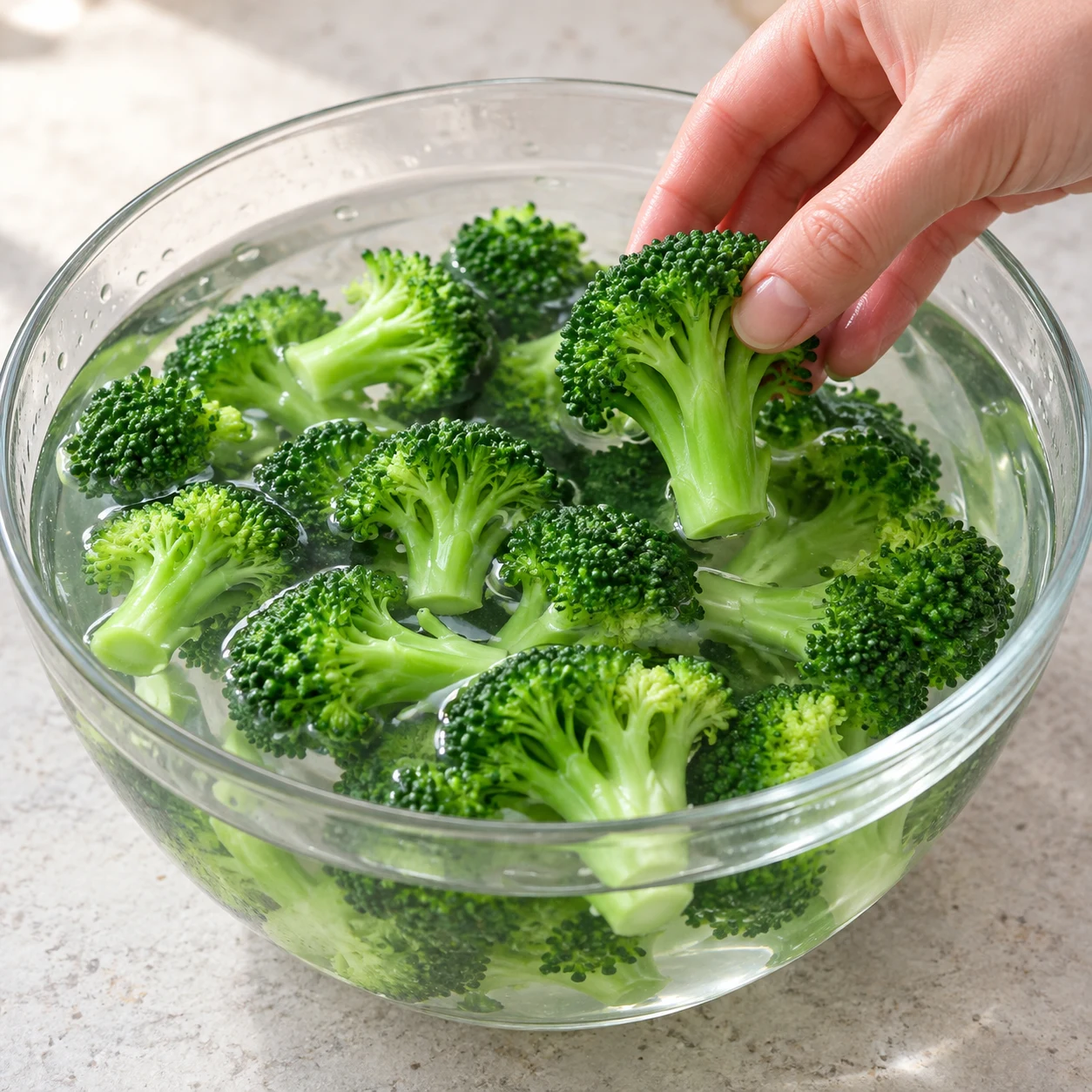 Brocoli blanchi plongé dans un bol d’eau froide. Pas de glaçons obligatoires.