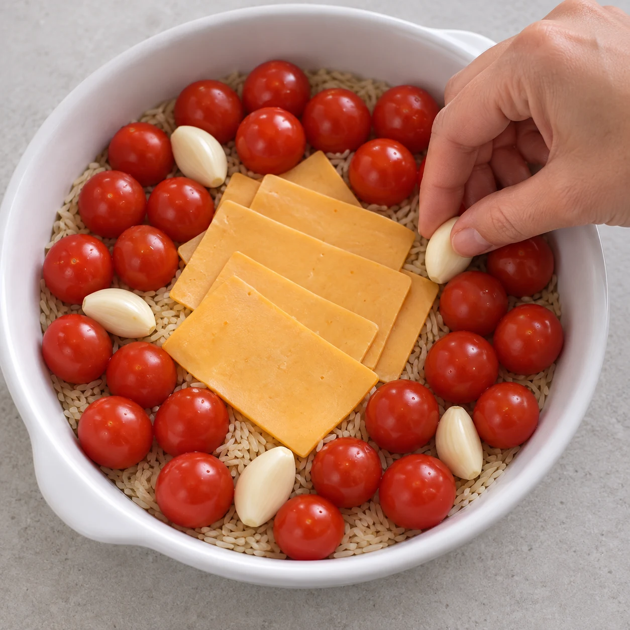 Main déposant une gousse entière entre les tomates.
