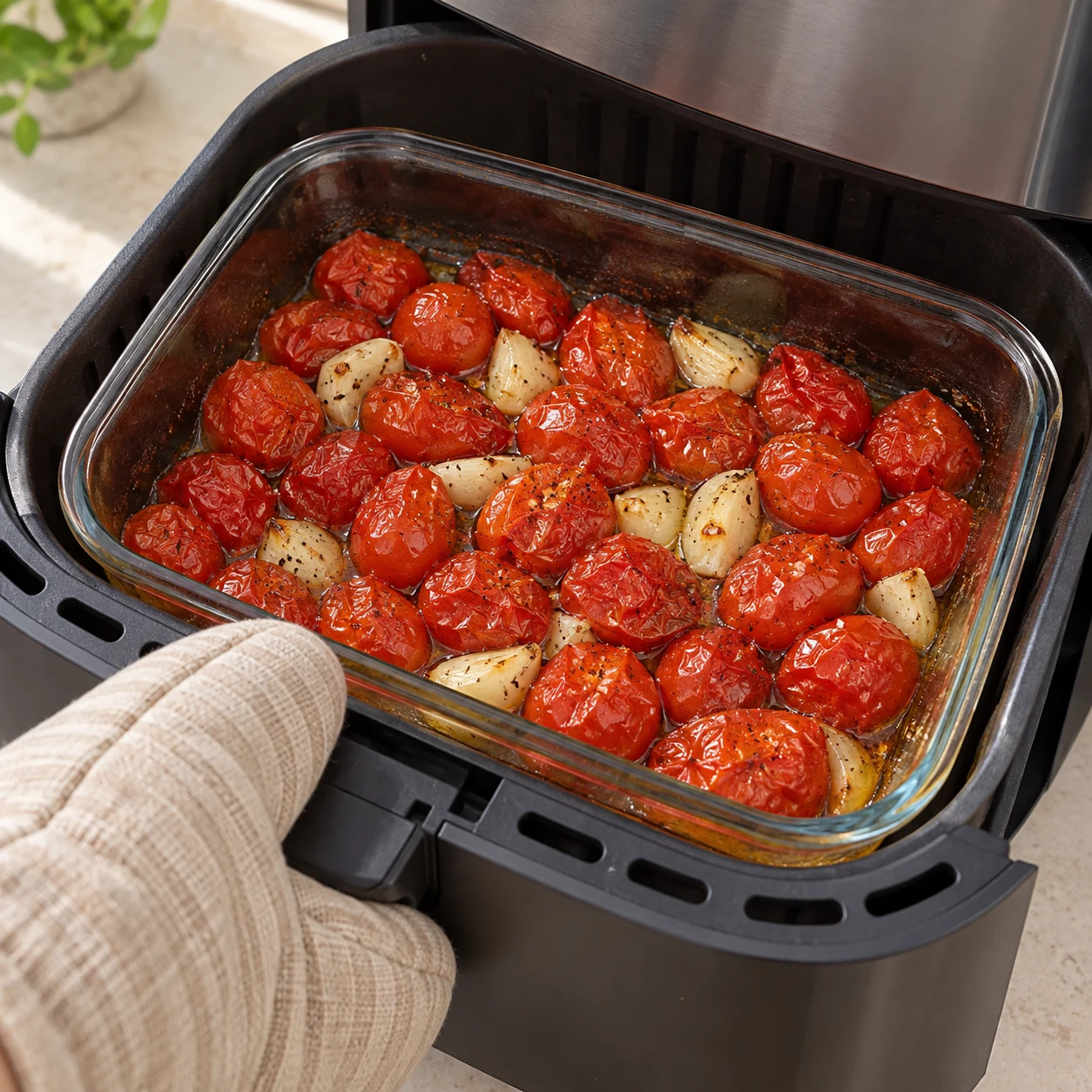 Fais cuire 15 min à 190 °C au Airfryer. Autre option donnée par la source : 20 min à 200 °C au four. Sors le plat chaud avec des protections.