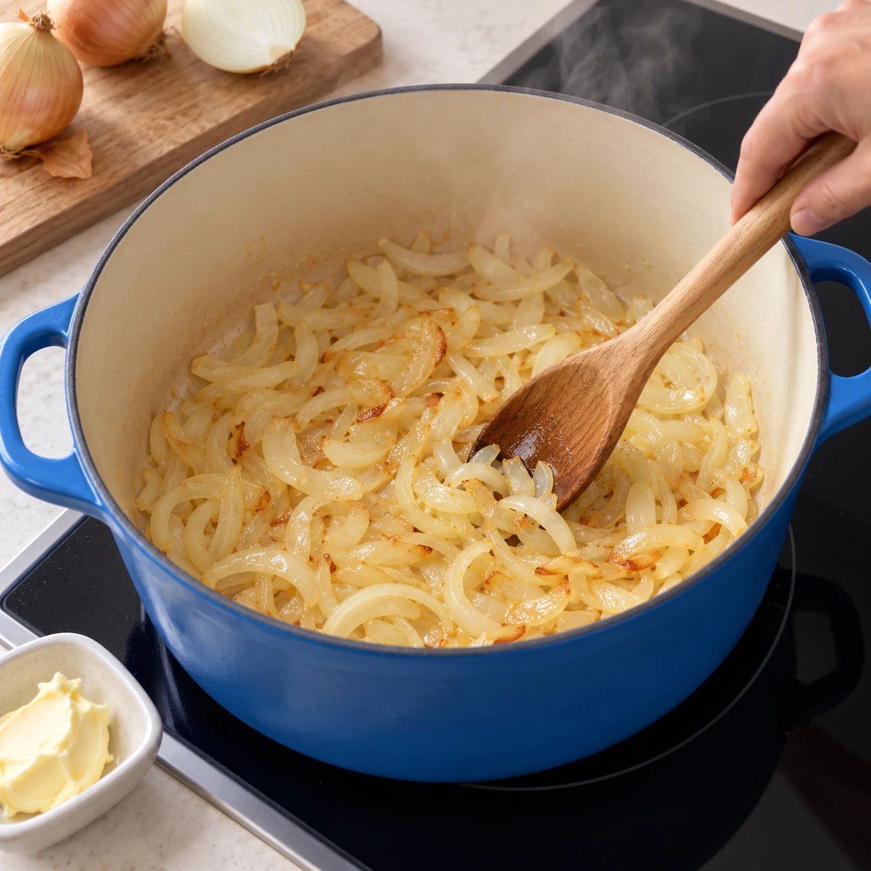 Grande cocotte en fonte bleue sur une plaque, margarine fondue et lamelles d'oignon qui blondissent au fond, cuillère en bois.