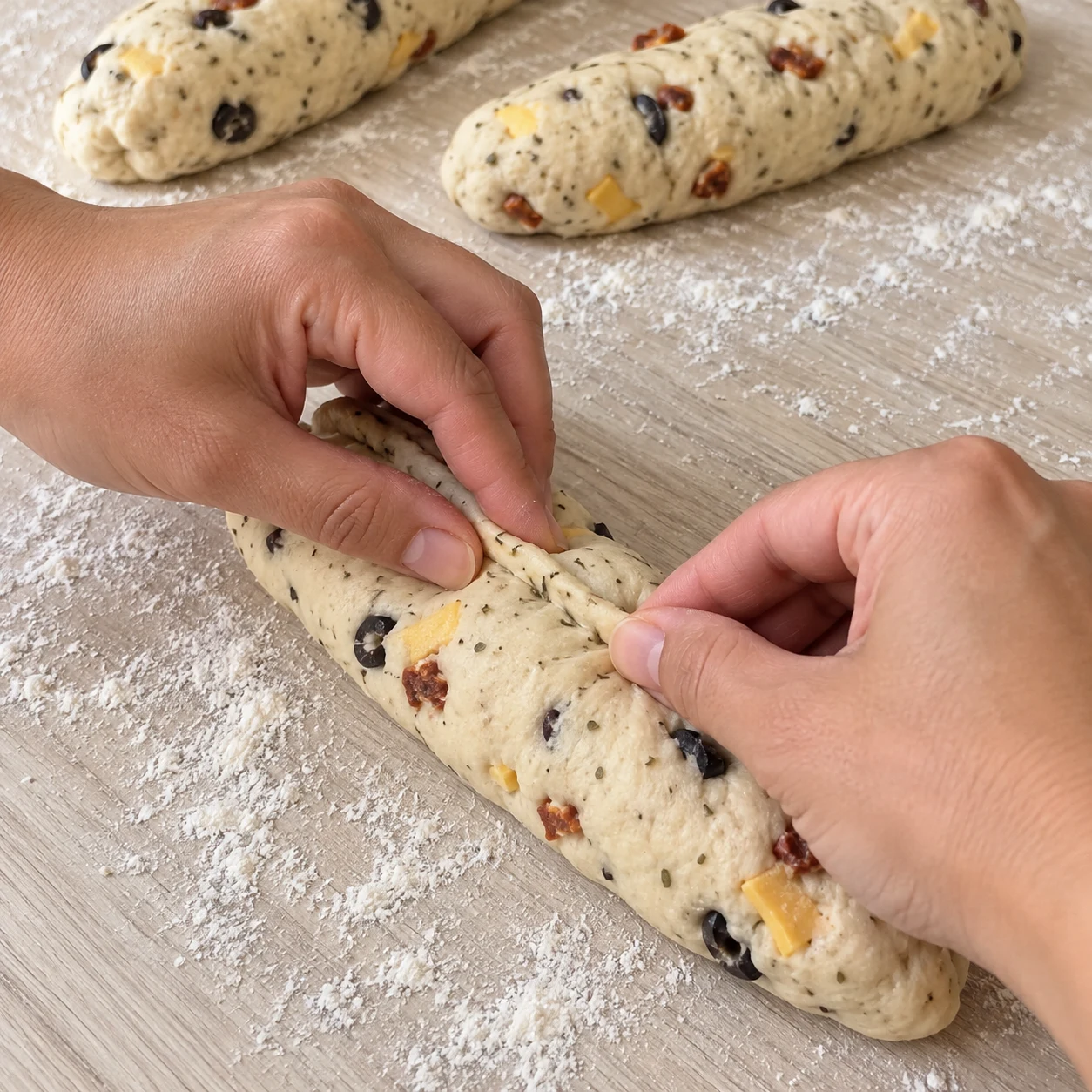 Mains adultes anonymes pinçant la jointure longitudinale d’un boudin de pâte garnie cru ; un seul geste.