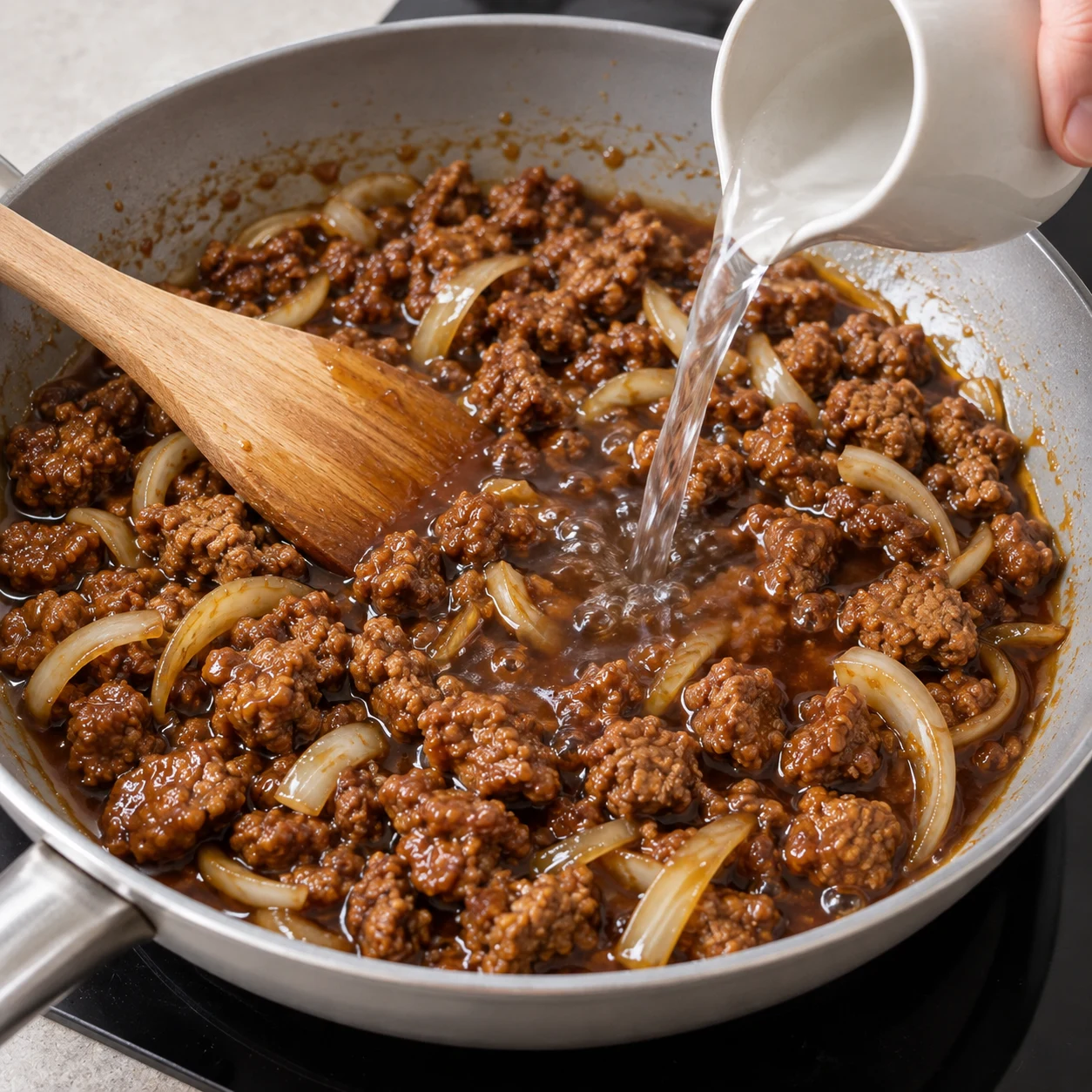 Eau versée sur les morceaux de steaks végétaux et l’oignon dans la sauce soja.