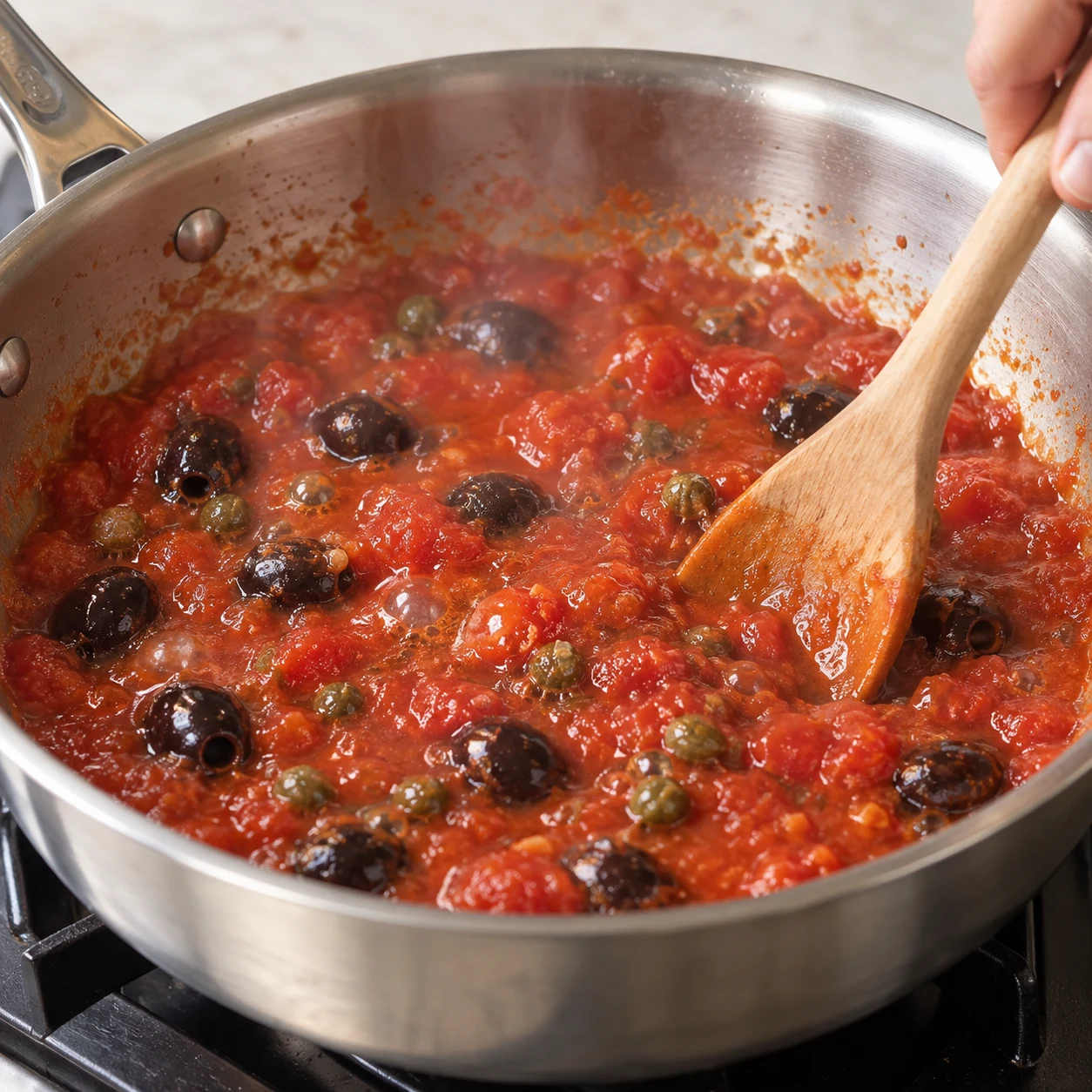 Sauce rouge frémissante avec olives noires et câpres, remuée dans la poêle inox.
