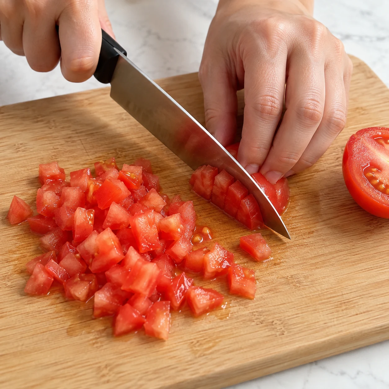 Couper la tomate. Coupe la petite tomate en petits dés sur une planche stable. Une seule action ; uniquement les ingrédients déjà présents à cette étape. Photographie carrée de livre de cuisine, sans personne identifiable ni texte.