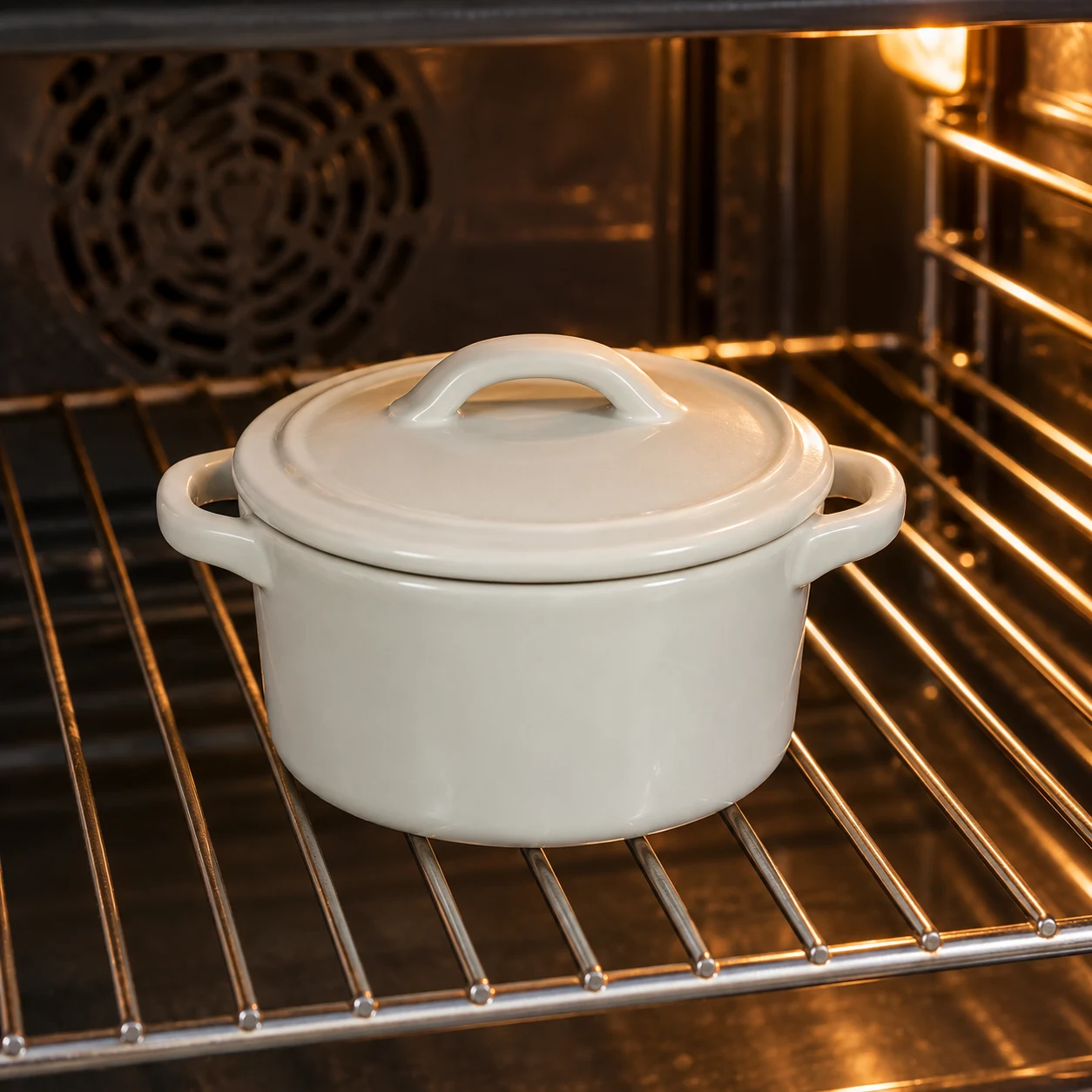 Petite cocotte blanche couverte sur une grille de four ; l’ail huilé est à l’intérieur, sans autre aliment.