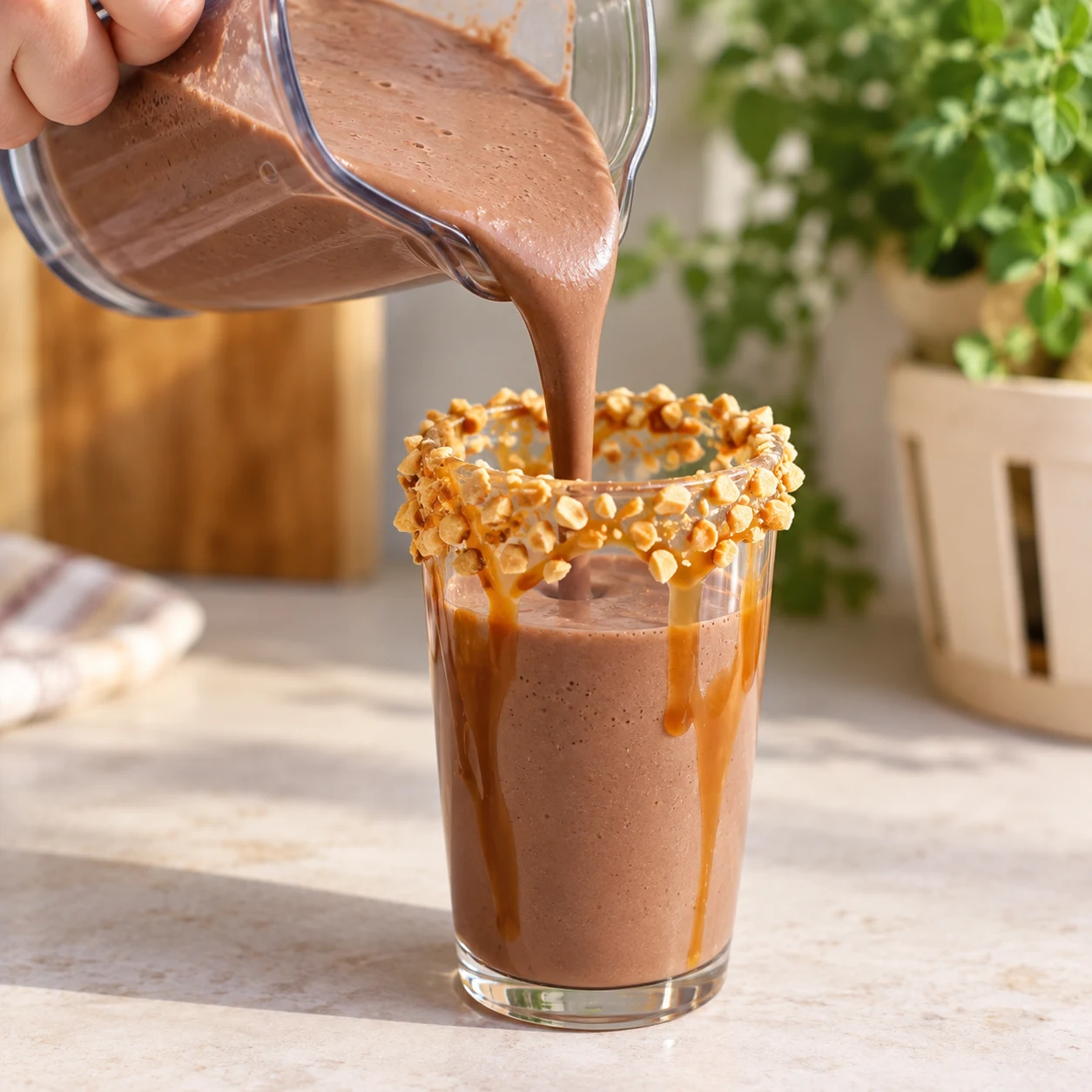 Verse le smoothie au cacao dans le verre décoré puis déguste.