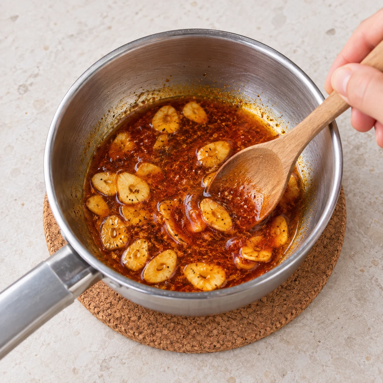 Cuillère mélangeant huile rouge au paprika fumé et lamelles d’ail dorées dans une petite casserole posée hors du feu sur un dessous de plat.