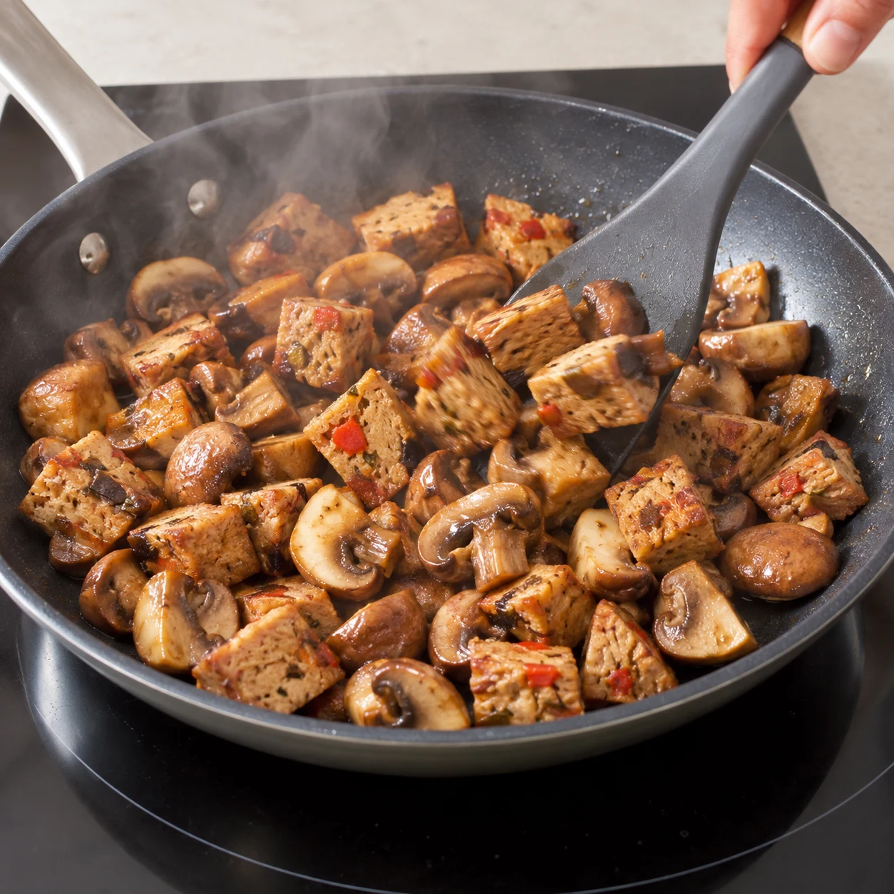 Mélange chaud de champignons et de morceaux anguleux de carrés de blé au seitan dans une seule poêle.