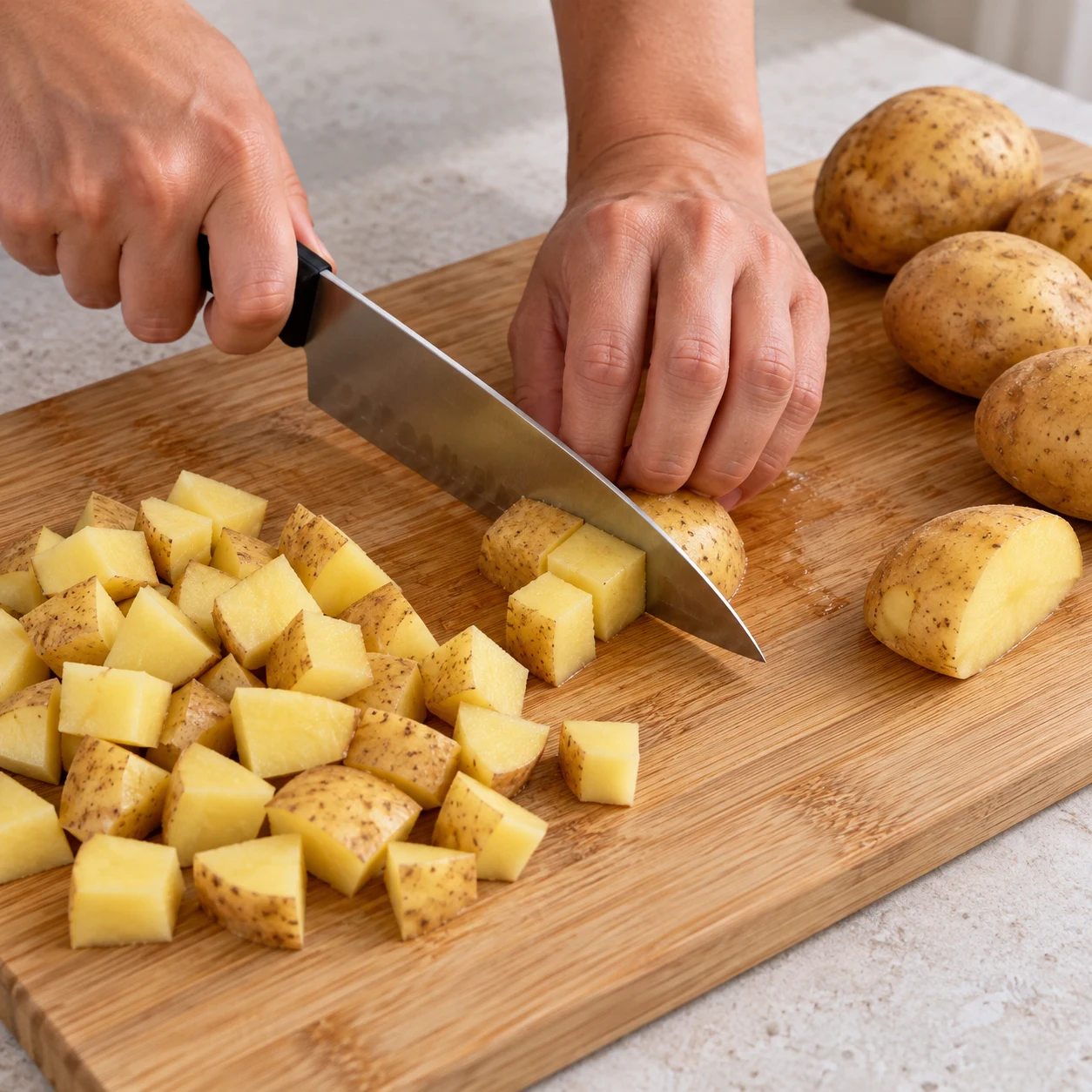 Découpe de pommes de terre crues avec leur peau en cubes sur une planche stable, main en griffe.