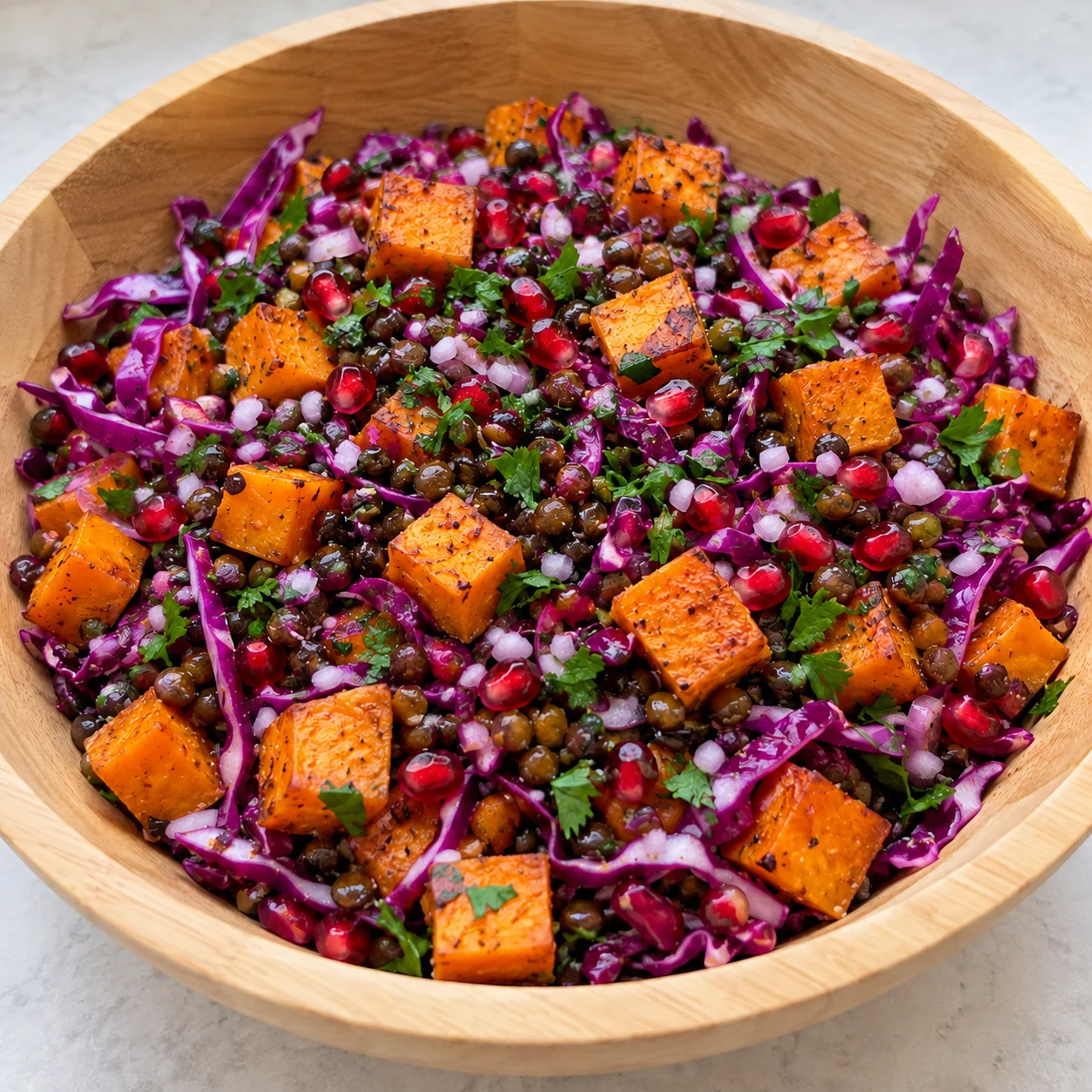 Cubes rôtis orange et lentilles croustillantes ajoutés au saladier de chou rouge, échalote, grenade et persil, aucune sauce versée.