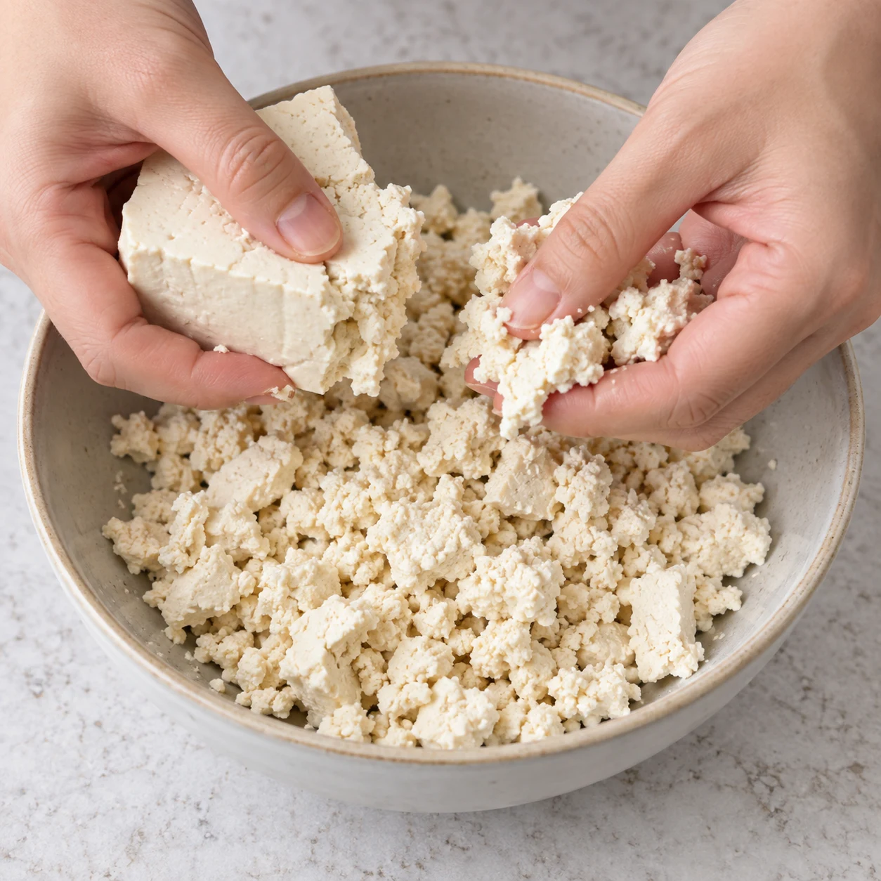 Mains adultes anonymes émiettant un bloc de tofu blanc en petits morceaux dans un bol. Aucun cube, sauce ou assaisonnement.
