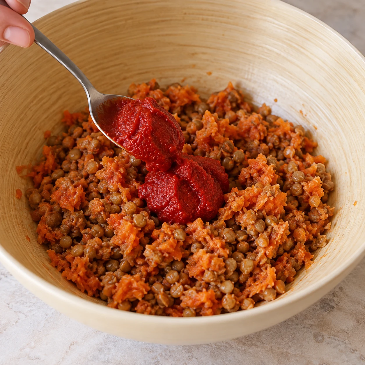 Une cuillère dépose du concentré rouge épais dans le mélange lentilles-carottes.