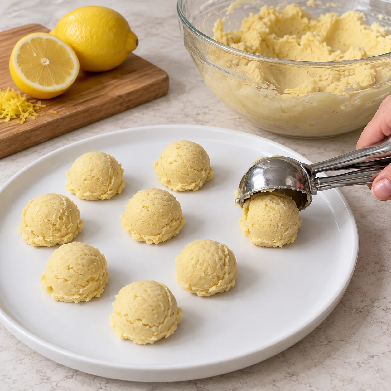 Cuillère à glace déposant une boule de pâte jaune pâle, autres boules crues.