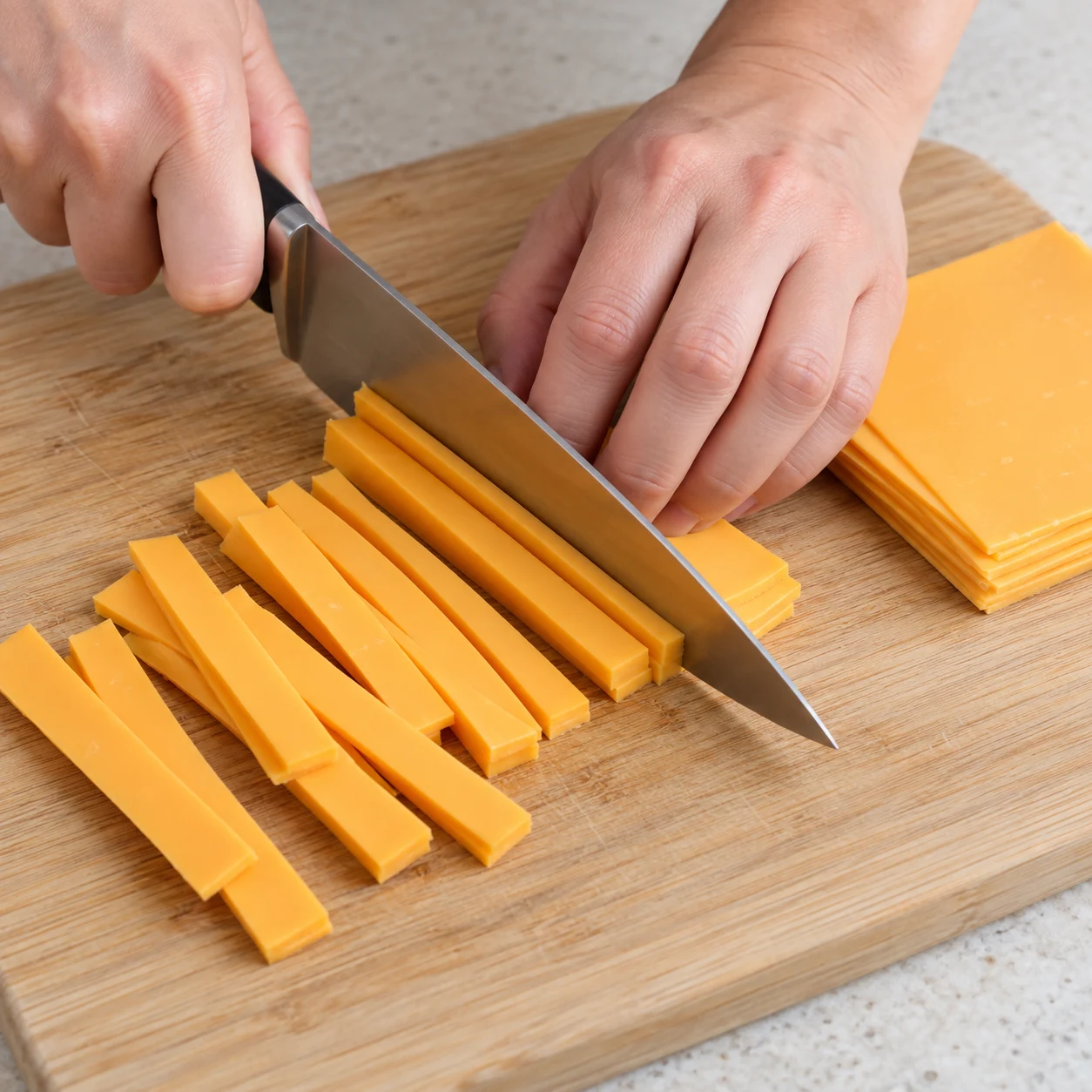 Mains adultes anonymes coupant des tranches végétales orangées en lanières sur une planche stable, prise en griffe sûre. Sans râpé blanc.