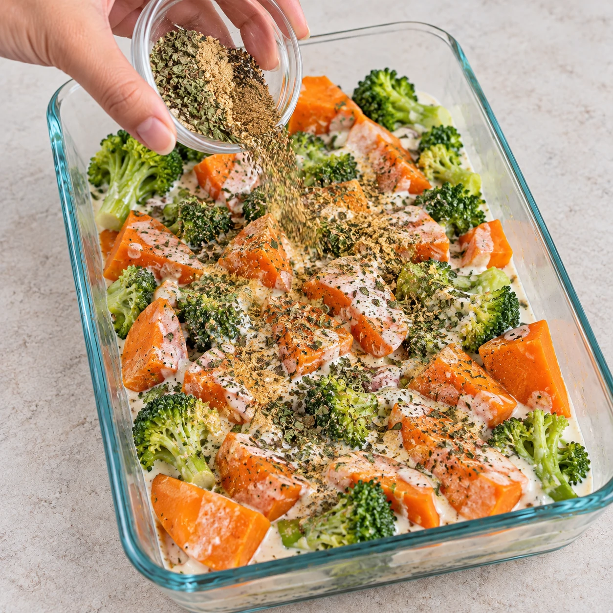 Une main adulte anonyme verse un petit bol d’herbes sèches et épices moulues sur les légumes et crème ; pas de fromage.