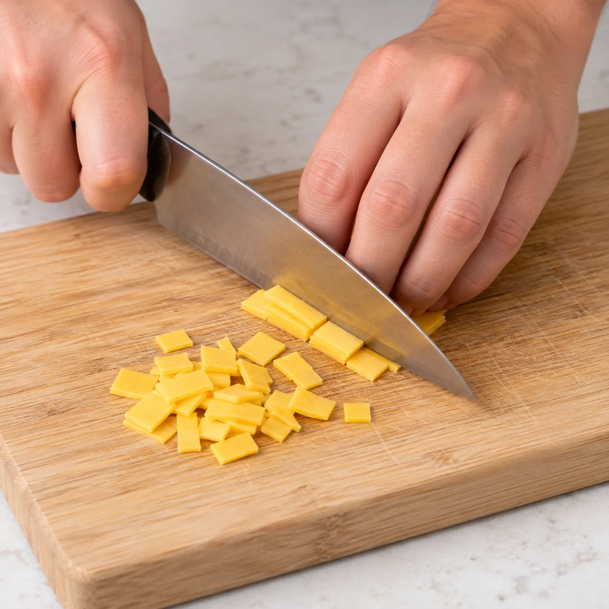 Petite quantité de tranchette exclusivement végétale jaune orangé, coupée en petits carrés sur une planche, couteau et doigts en griffe.