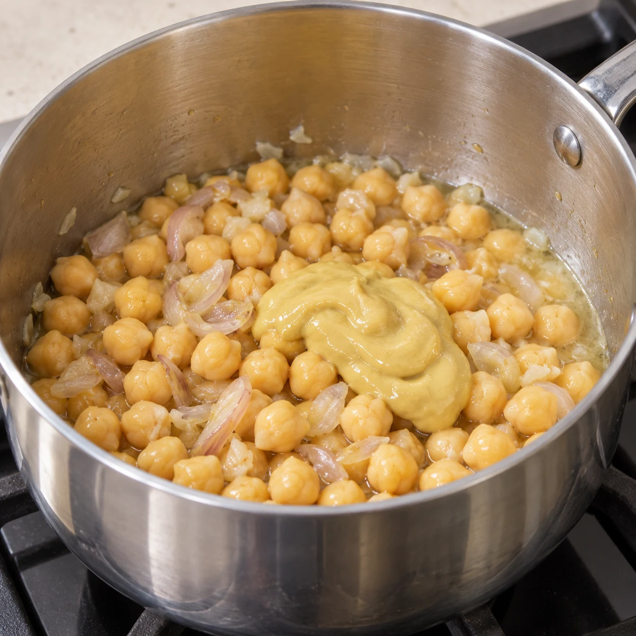 Casserole inox avec pois chiches entiers, échalotes et moutarde jaune encore distincte, pas de crème.