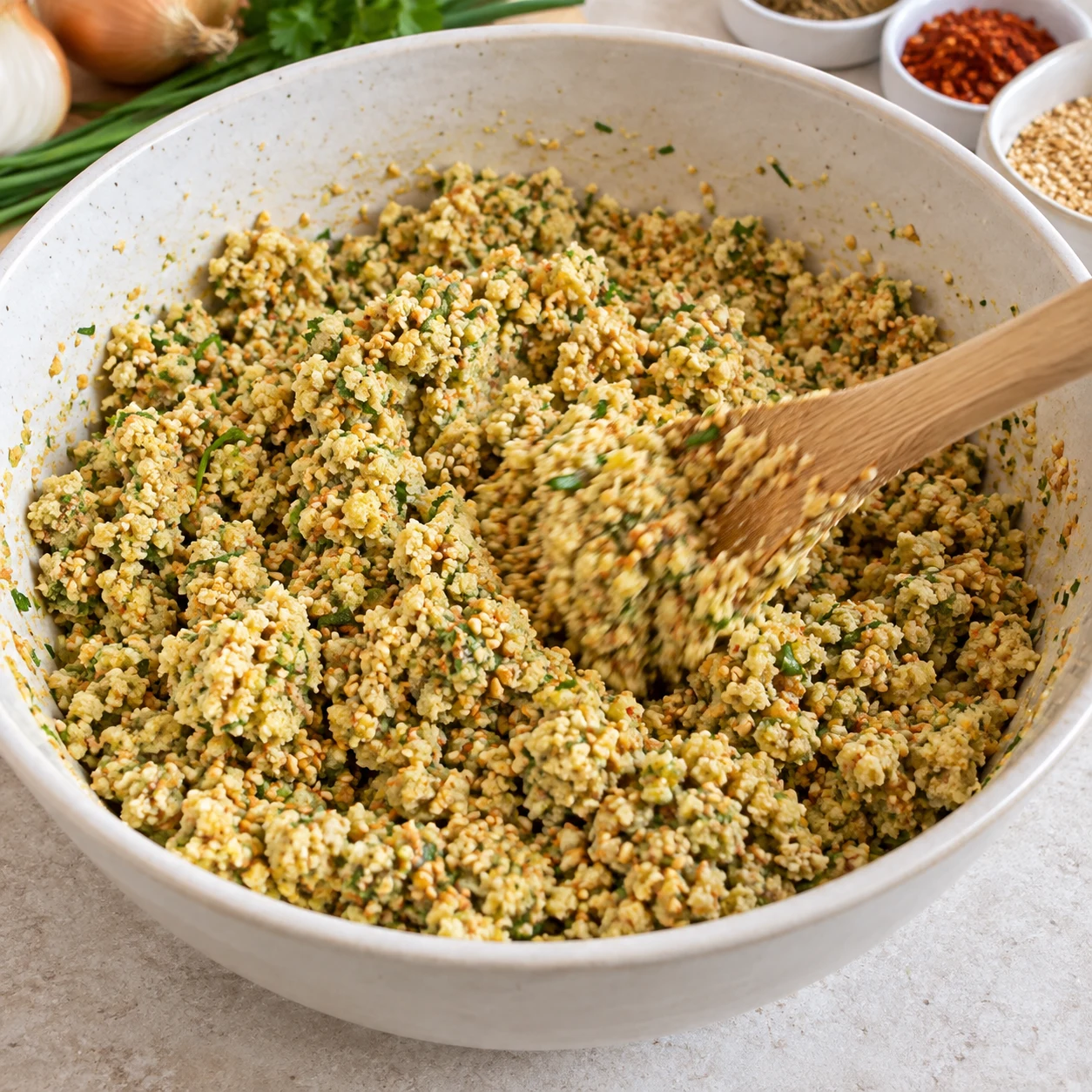 Incorporer les 2 càc de cumin, les 2 càc de piment d’Espelette, 1 càc de bicarbonate alimentaire, 1 càc de coriandre moulue, 1 càc de sel, 1 càc de poivre et 9 g de sésame doré à la pâte. Une seule action, une seule phase de préparation, aucun texte ni personne identifiable.