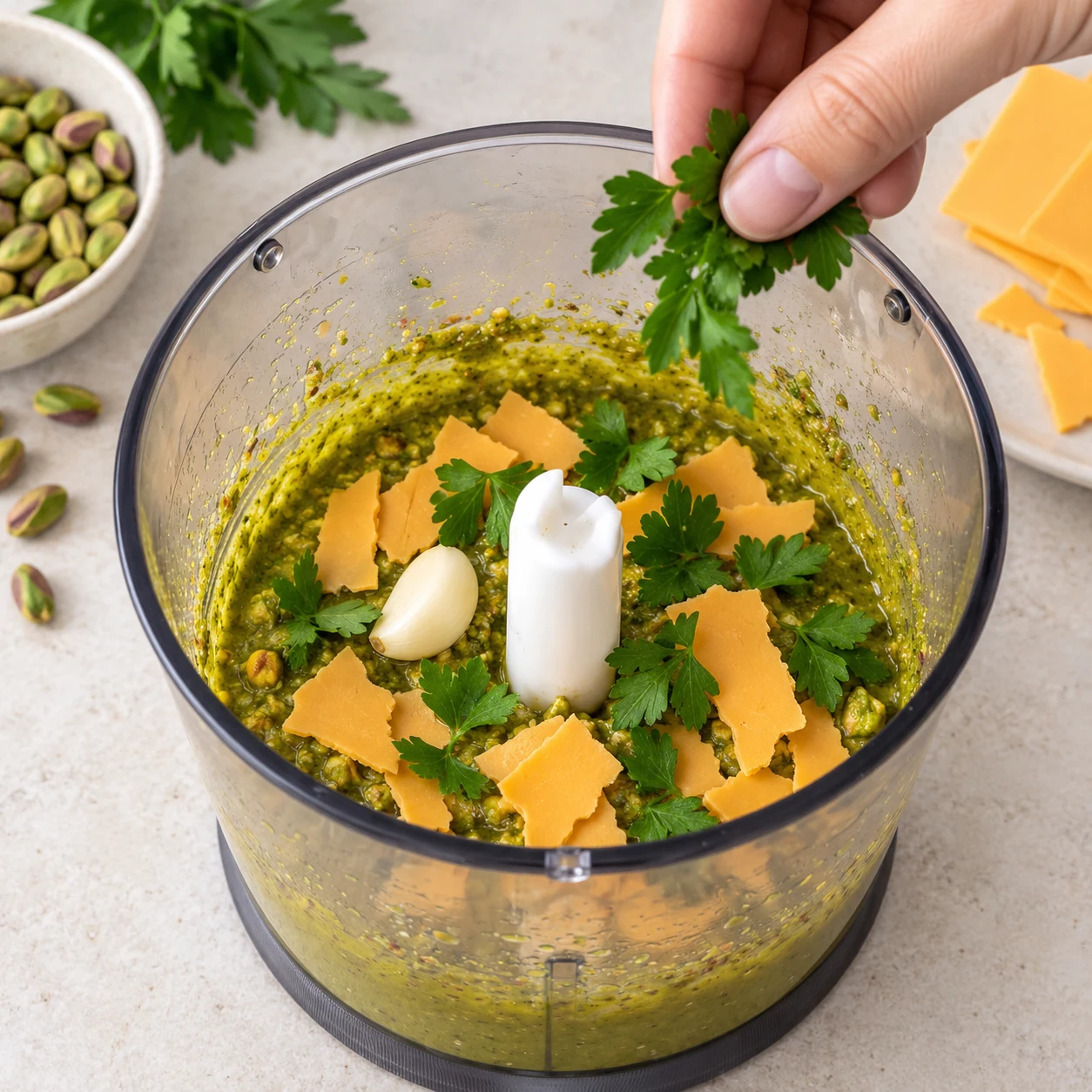 Bol du mixeur avec crème de pistaches, ail pelé, morceaux fins orange de fromage végétal en tranches et feuilles de persil non encore mixés.