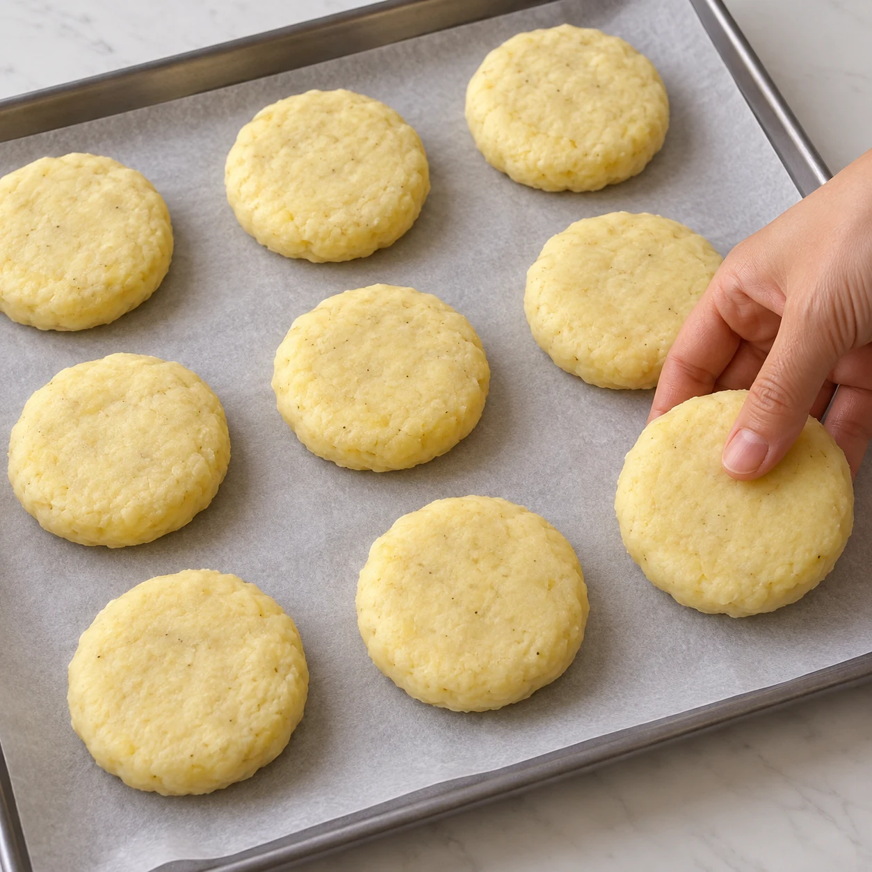 Pose chaque galette formée sur du papier cuisson pour éviter qu’elle colle ; répète le façonnage pour environ 10 pièces. Montrer les galettes crues séparées sur le papier cuisson.