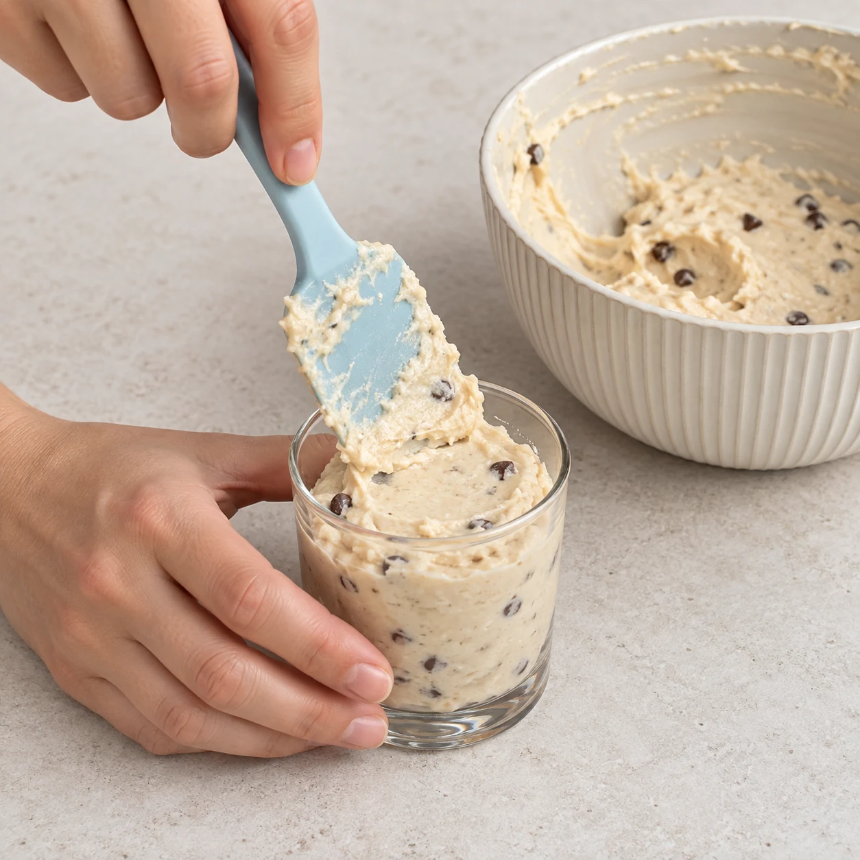 Spatule transférant une pâte beige à pépites dans un petit verre transparent.