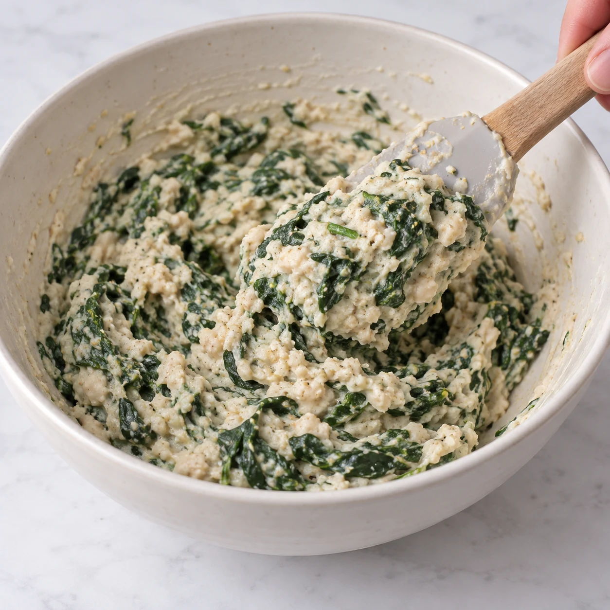 Purée beige claire de haricots blancs et épinards verts mélangés dans un bol ; fines paillettes beiges.