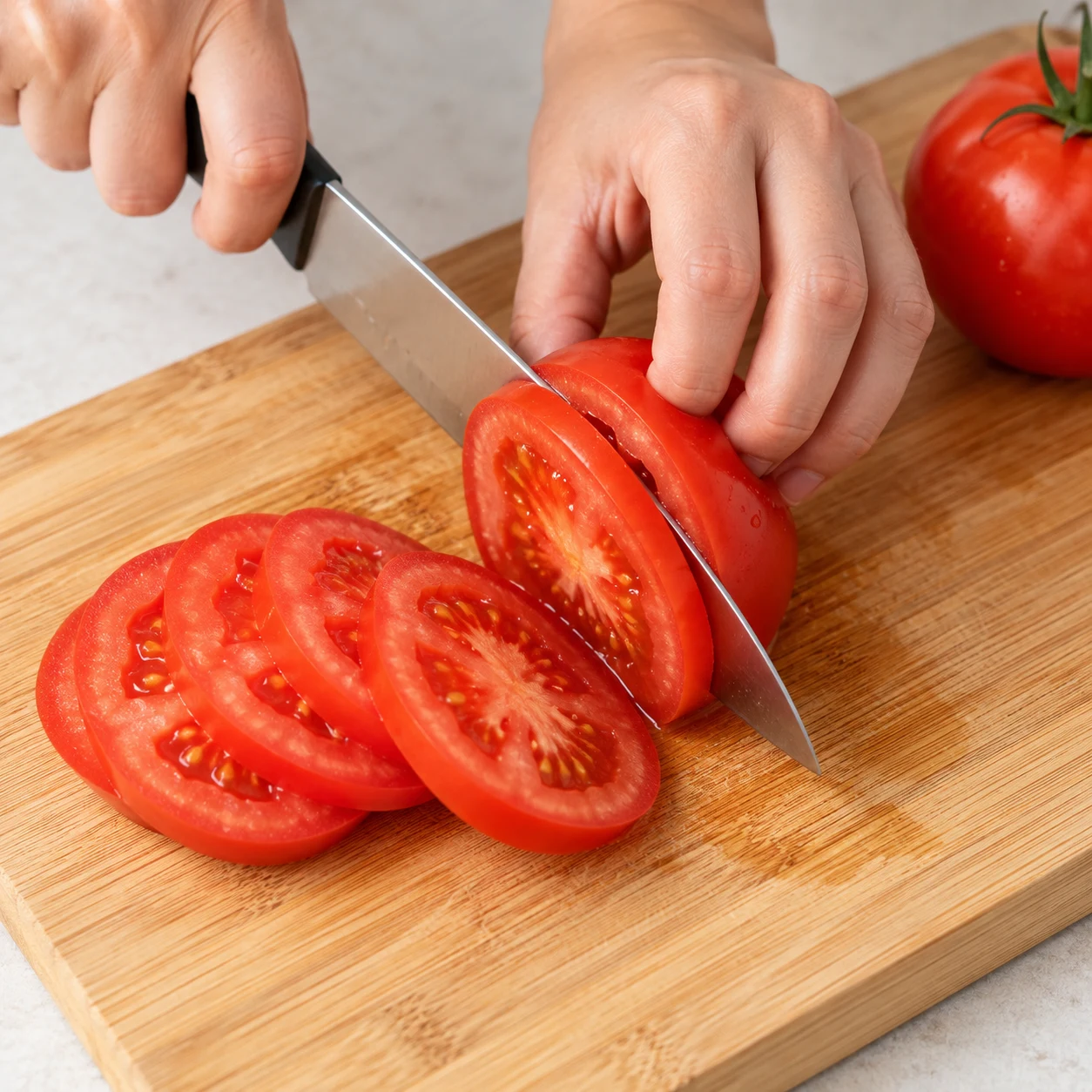 Coupe la tomate en tranches.