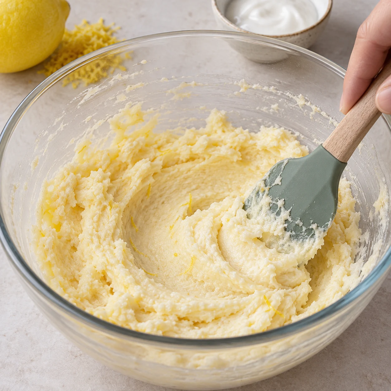 Ajouter et incorporer une petite quantité de yaourt de soja blanc à la crème citronnée ; aucun œuf.