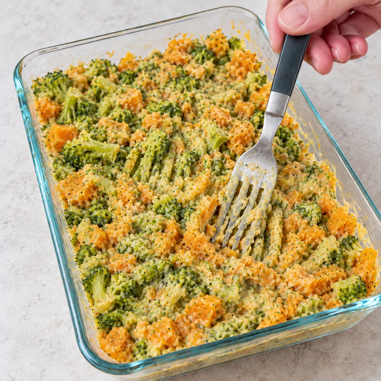 Une fourchette écrase grossièrement brocoli et patate douce avec la crème et herbes, mélange humide granuleux vert et orange. Pas de fromage.