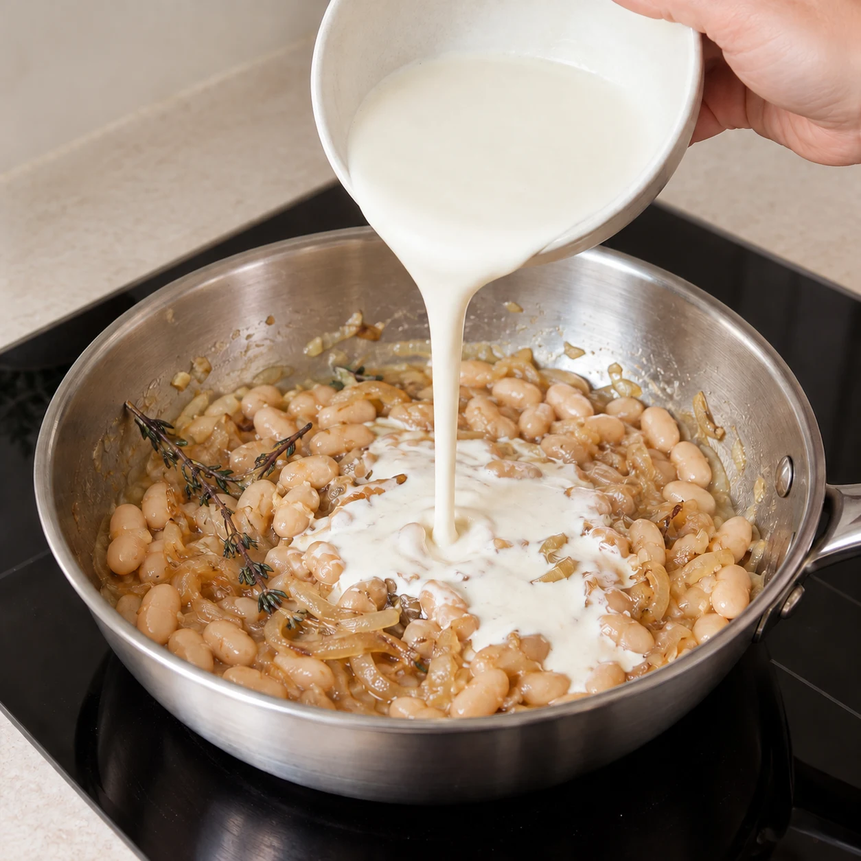 Main anonyme versant une crème soja blanche depuis un bol neutre dans les haricots aux oignons confits.