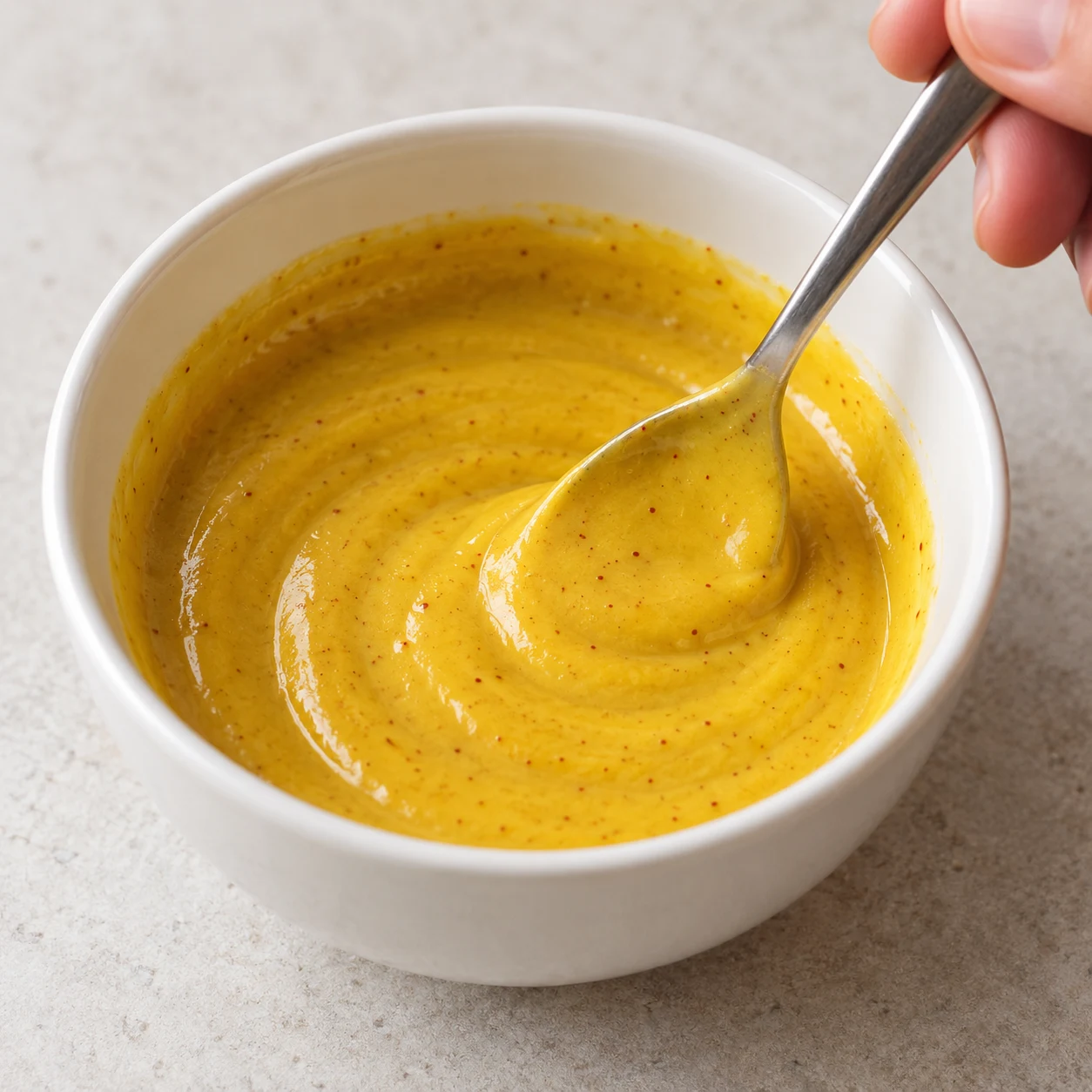 Cuillère mélangeant une sauce jaune dans un petit bol neutre.