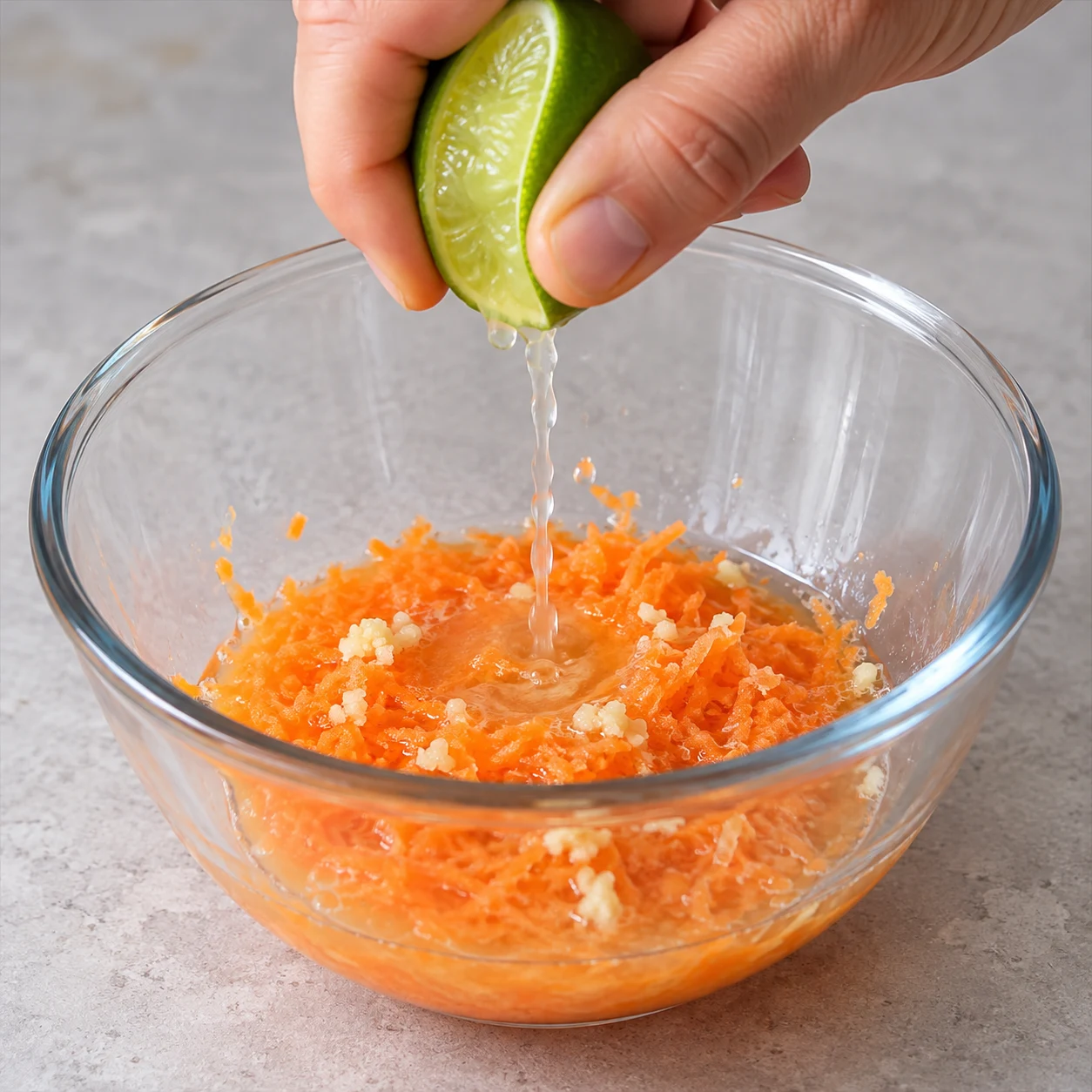 Presser le citron vert : Le jus liquide entoure la carotte râpée.