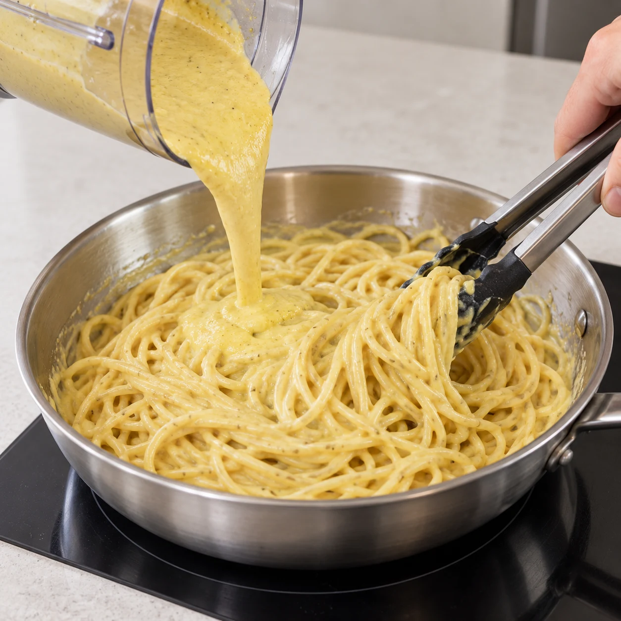 Sauce crémeuse jaune doré versée du bol de blender dans une grande poêle en inox, puis spaghettis mélangés à la pince.