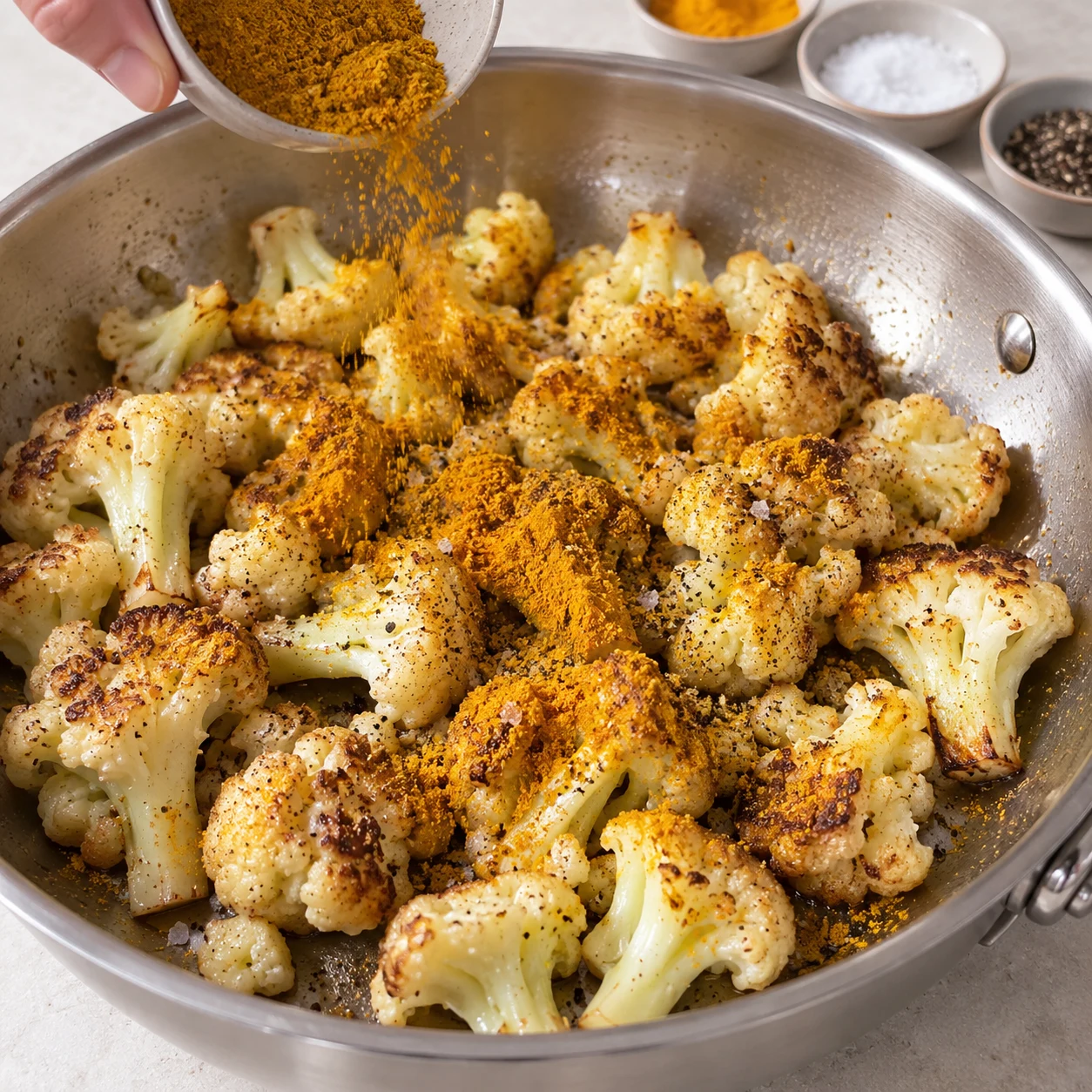 Poêle de chou-fleur doré, curry et curcuma saupoudrés; ni coco ni garnitures.