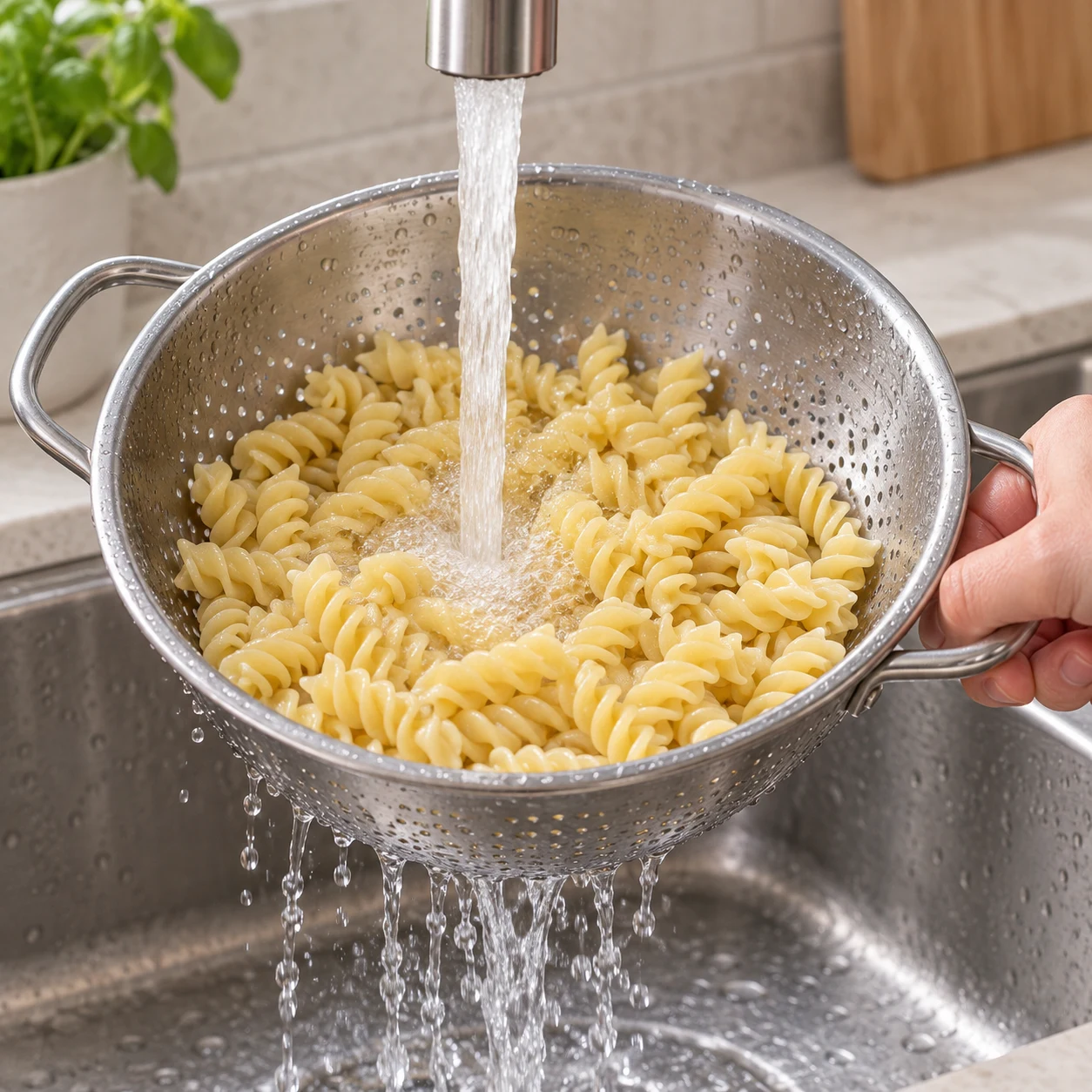 Passoire de fusilli sous un filet d’eau froide.